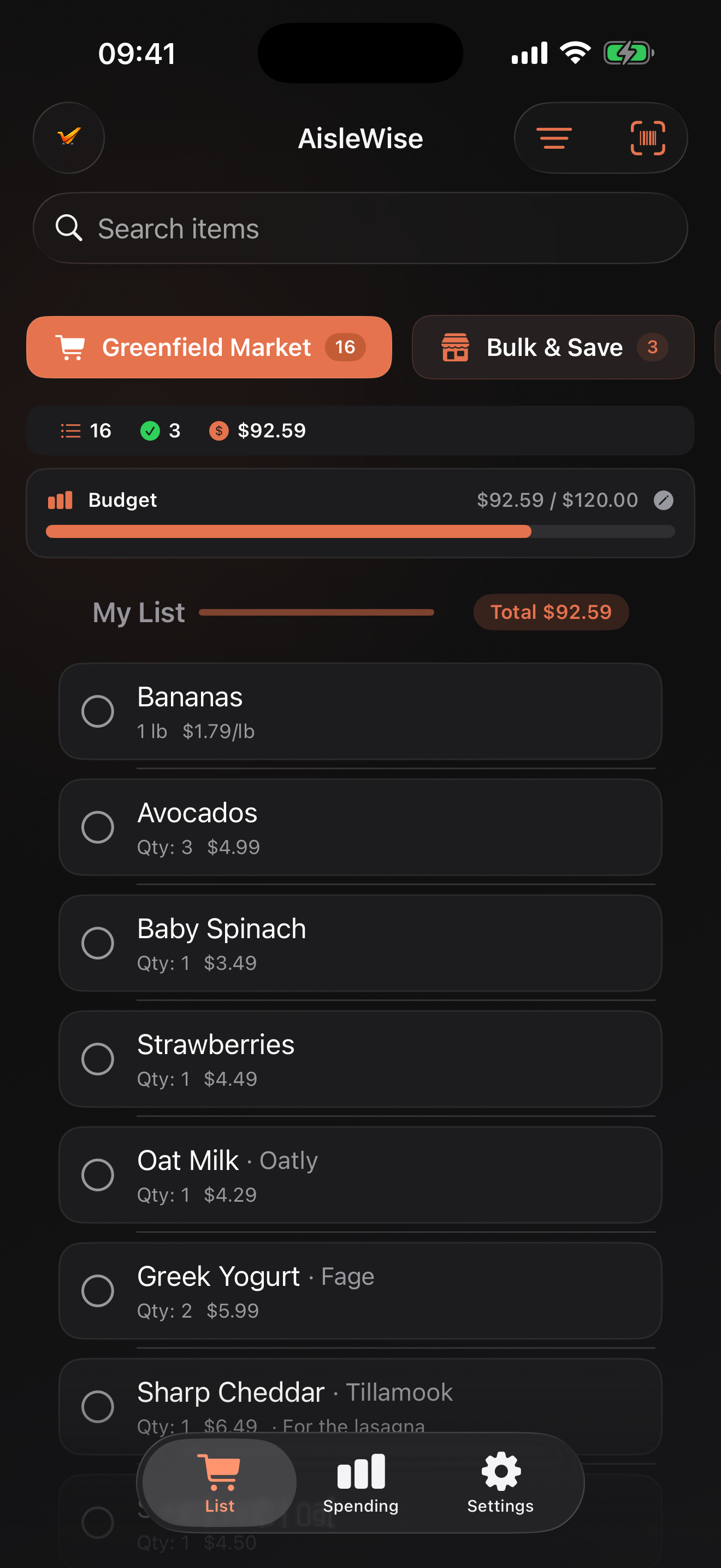 AisleWise main list view with store tabs and shopping items