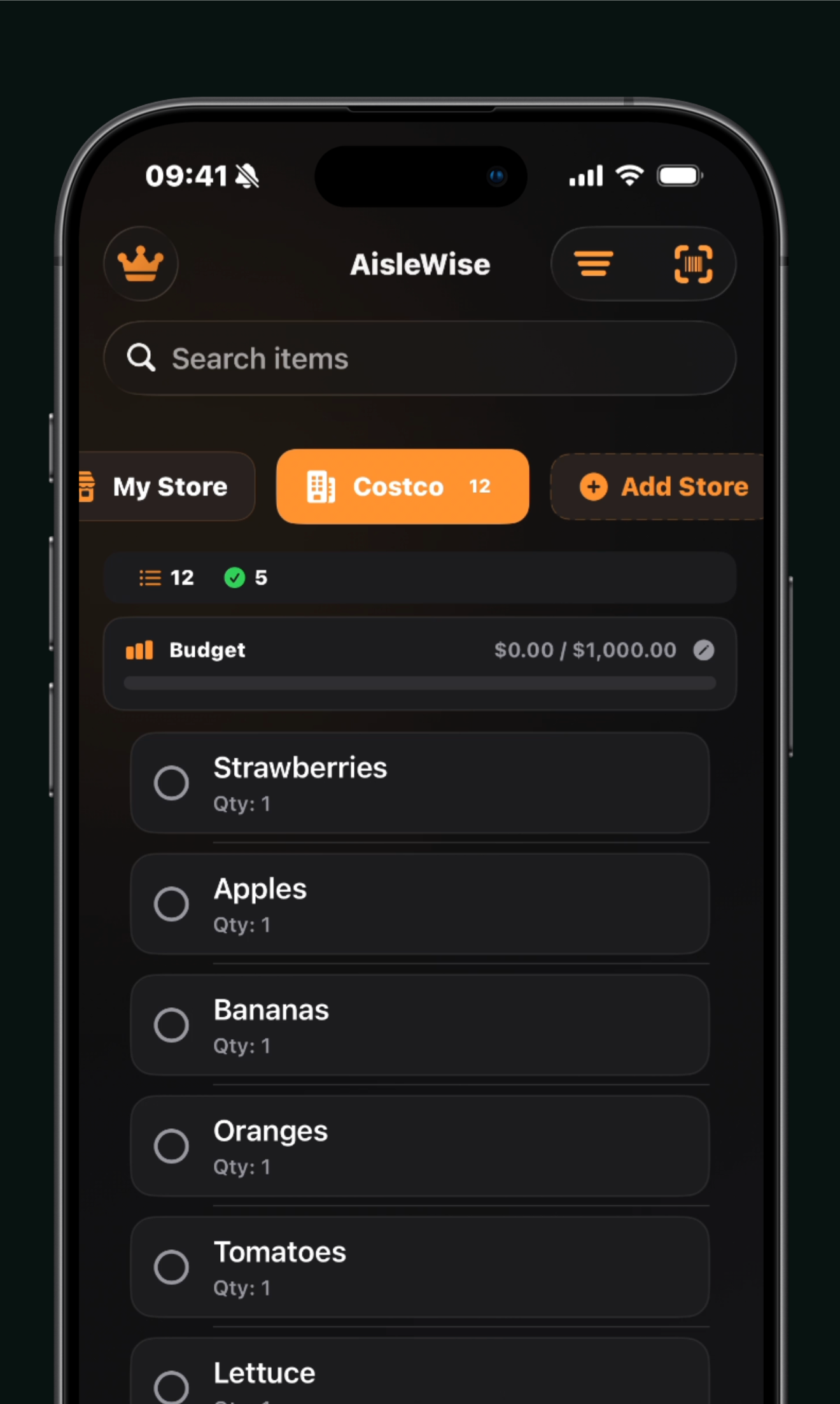 AisleWise main list view with store tabs and shopping items
