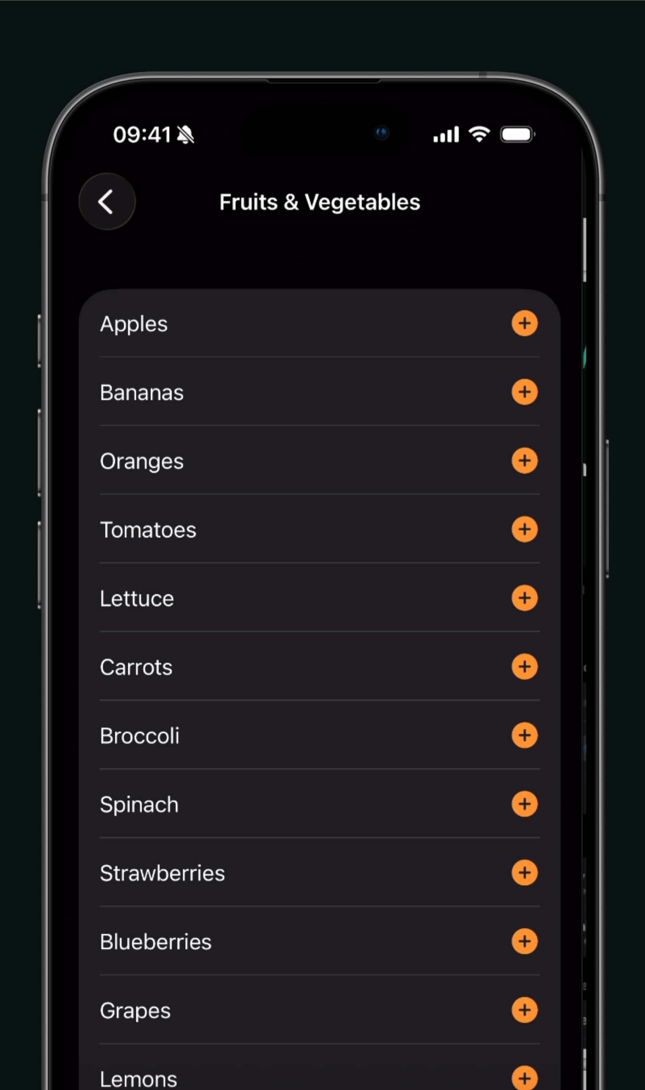 Fruits and Vegetables category with item list