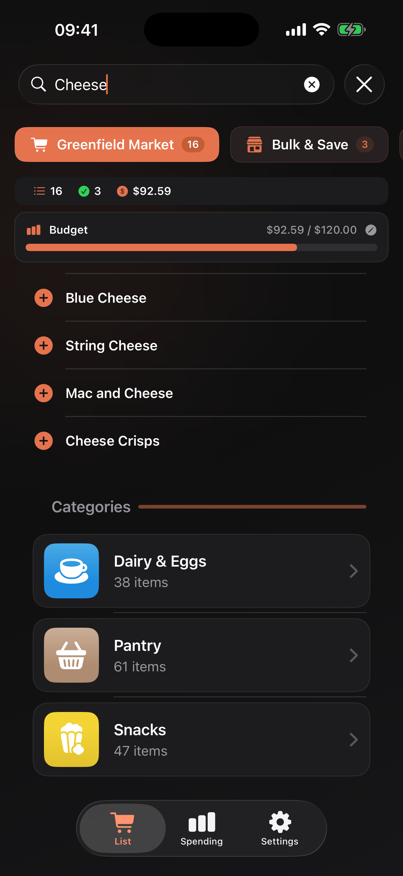 Search showing filtered list results and category browser below