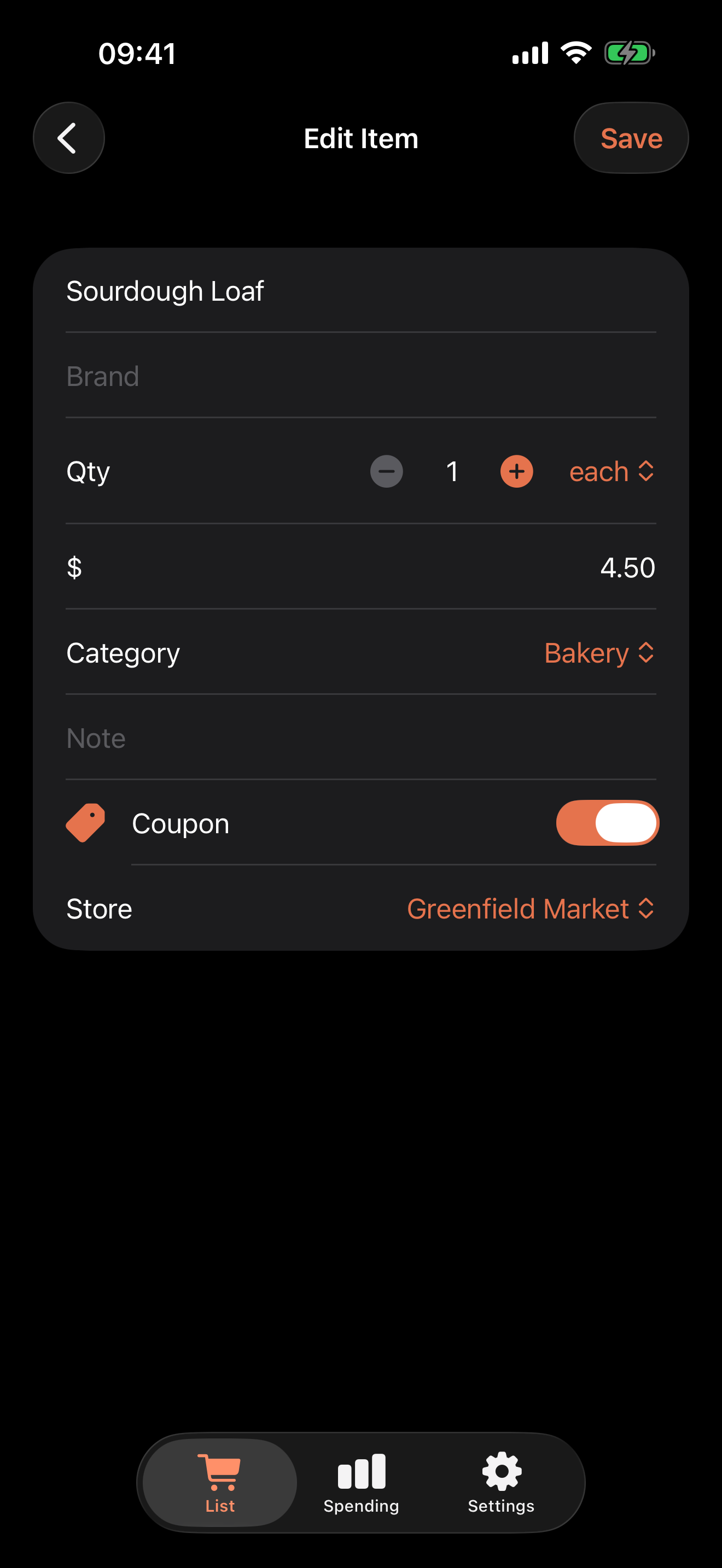 Edit Item screen with quantity stepper, price, category, coupon toggle, and store