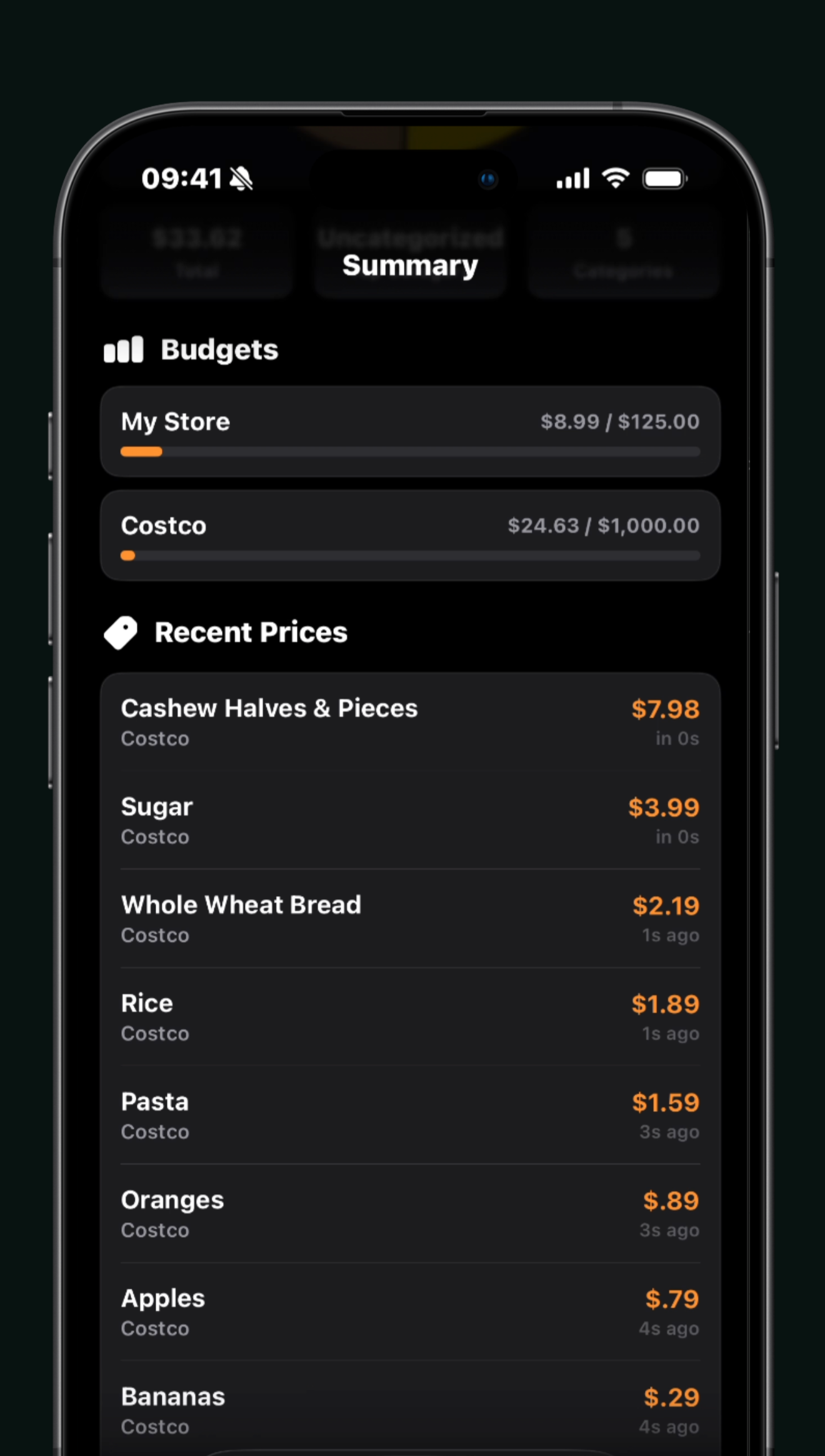 Budget progress bars and recent price history