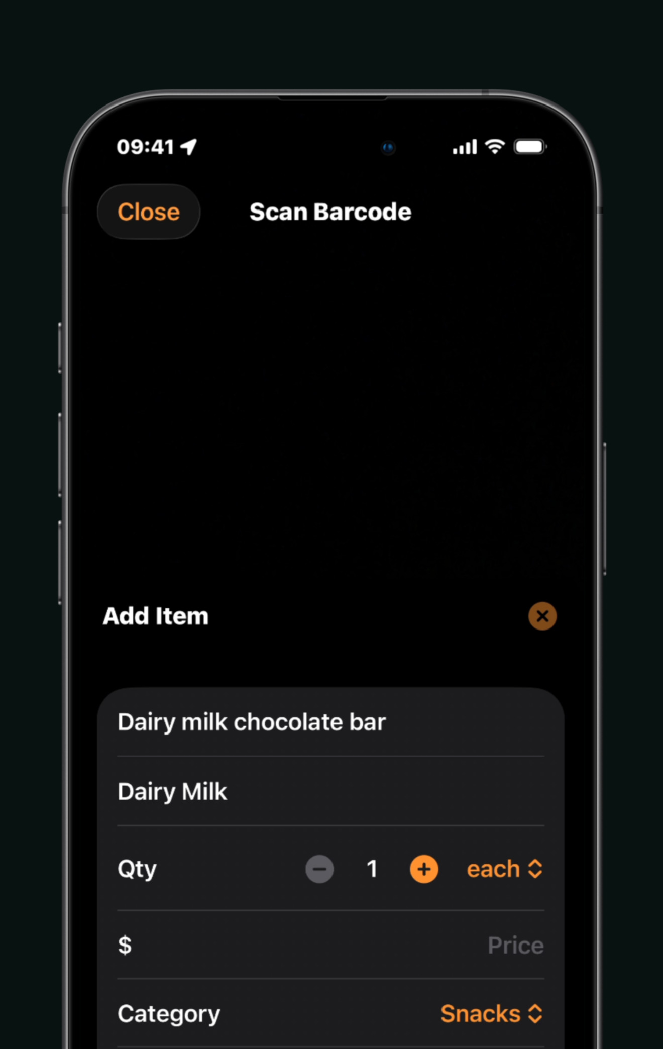 Full-screen barcode scanner with add item card