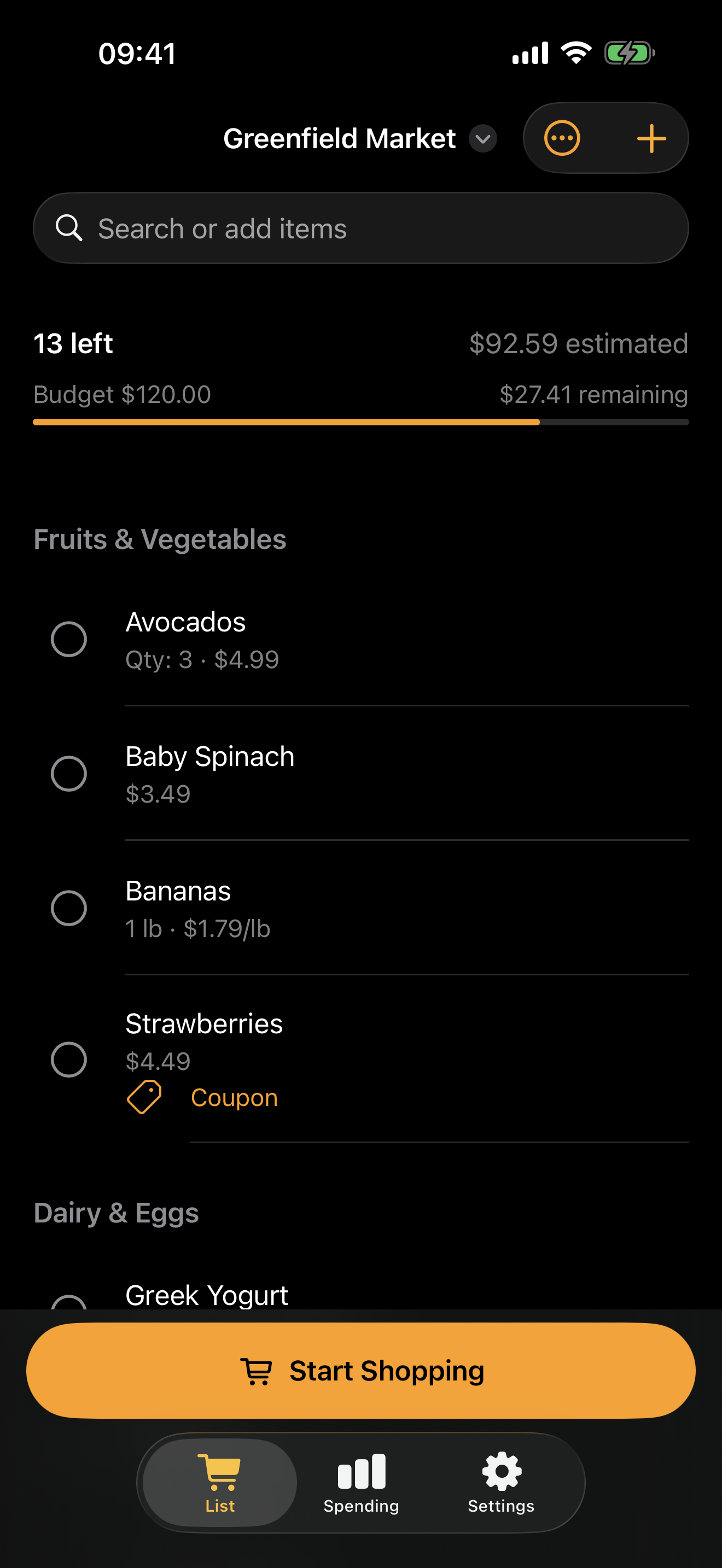 AisleWise native shopping list with priced items, aisle groups, and Start Shopping