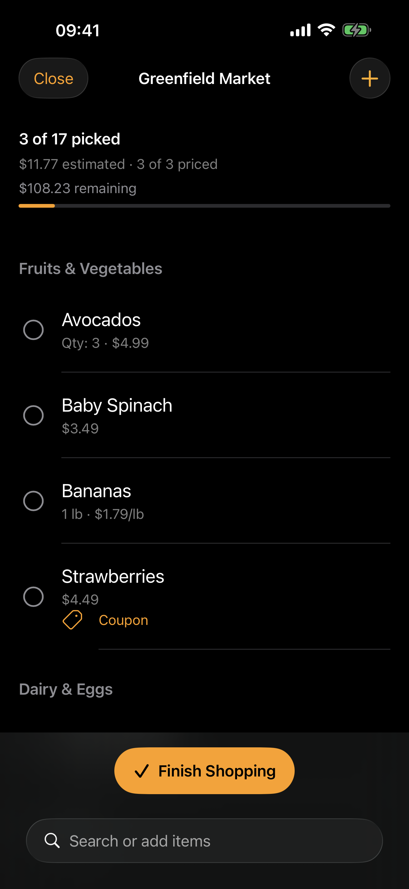 AisleWise shopping mode with picked items, cart estimate, and Finish Shopping
