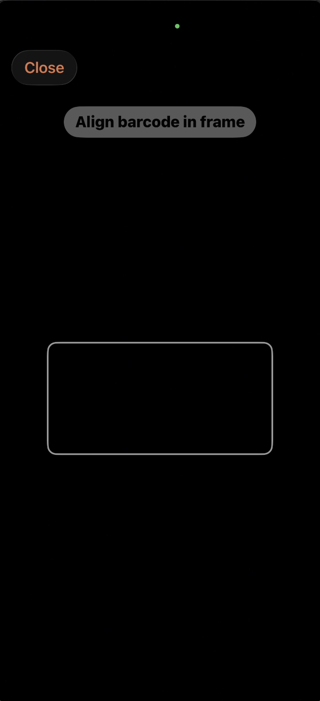 Full-screen barcode scanner with add item card showing item details