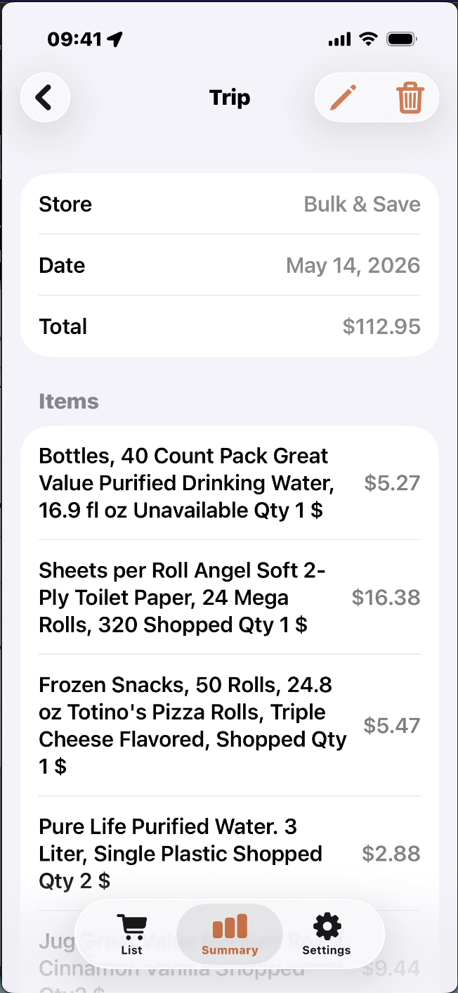 Trip detail screen showing store, date, total, and scanned line items from a receipt