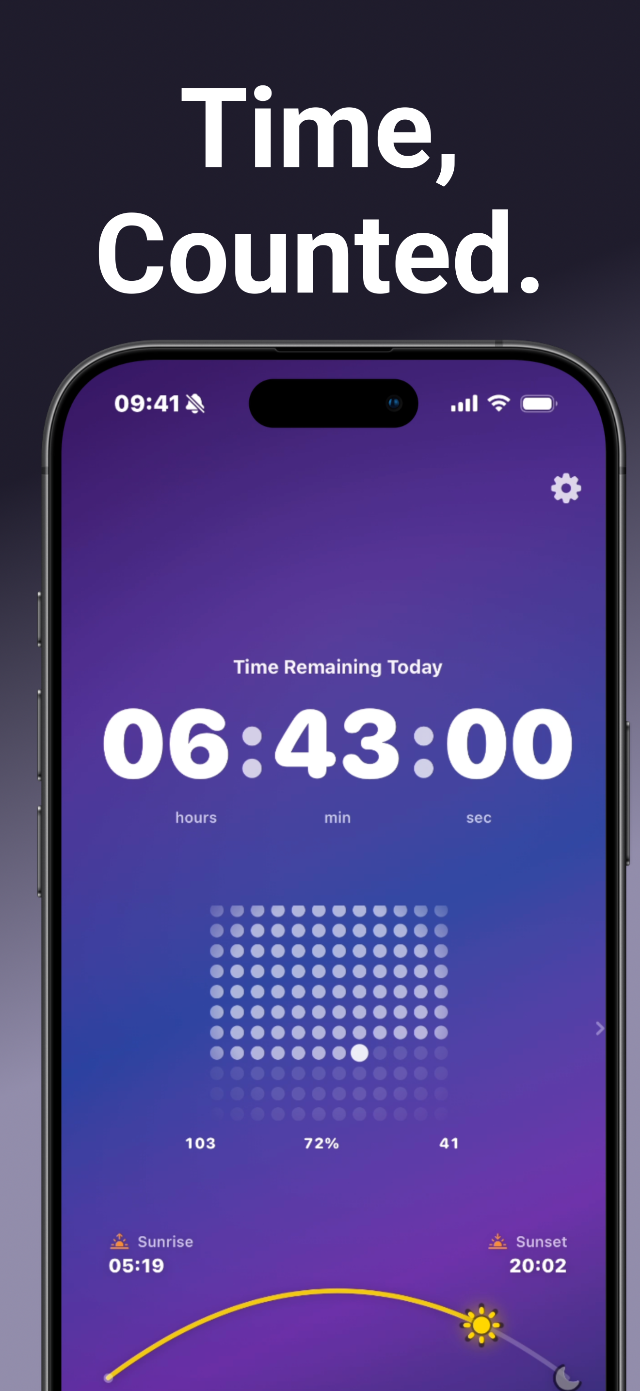 Dot matrix visualization showing 144 dots on a dark background with time remaining