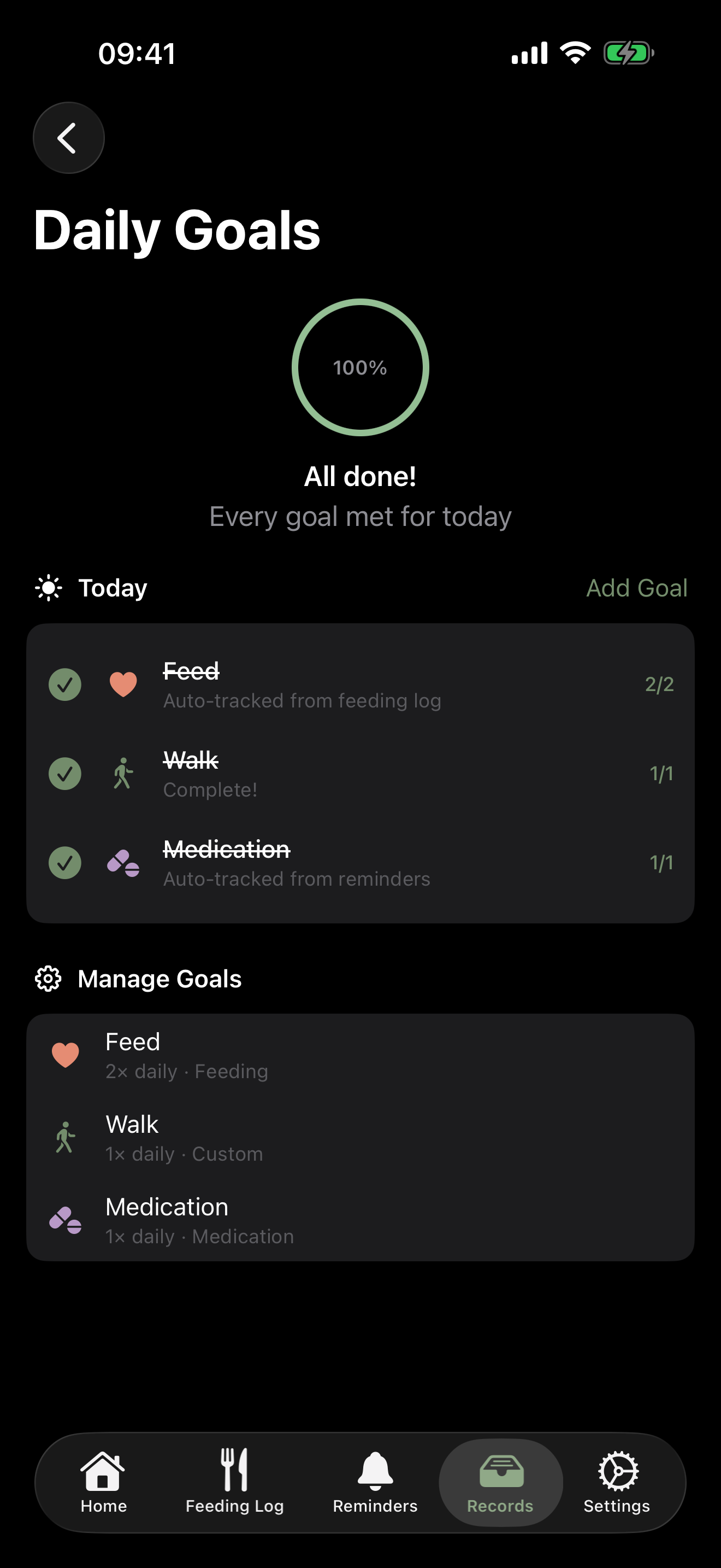 Daily Goals screen showing a 100% progress ring with Feed, Walk, and Medication goals completed