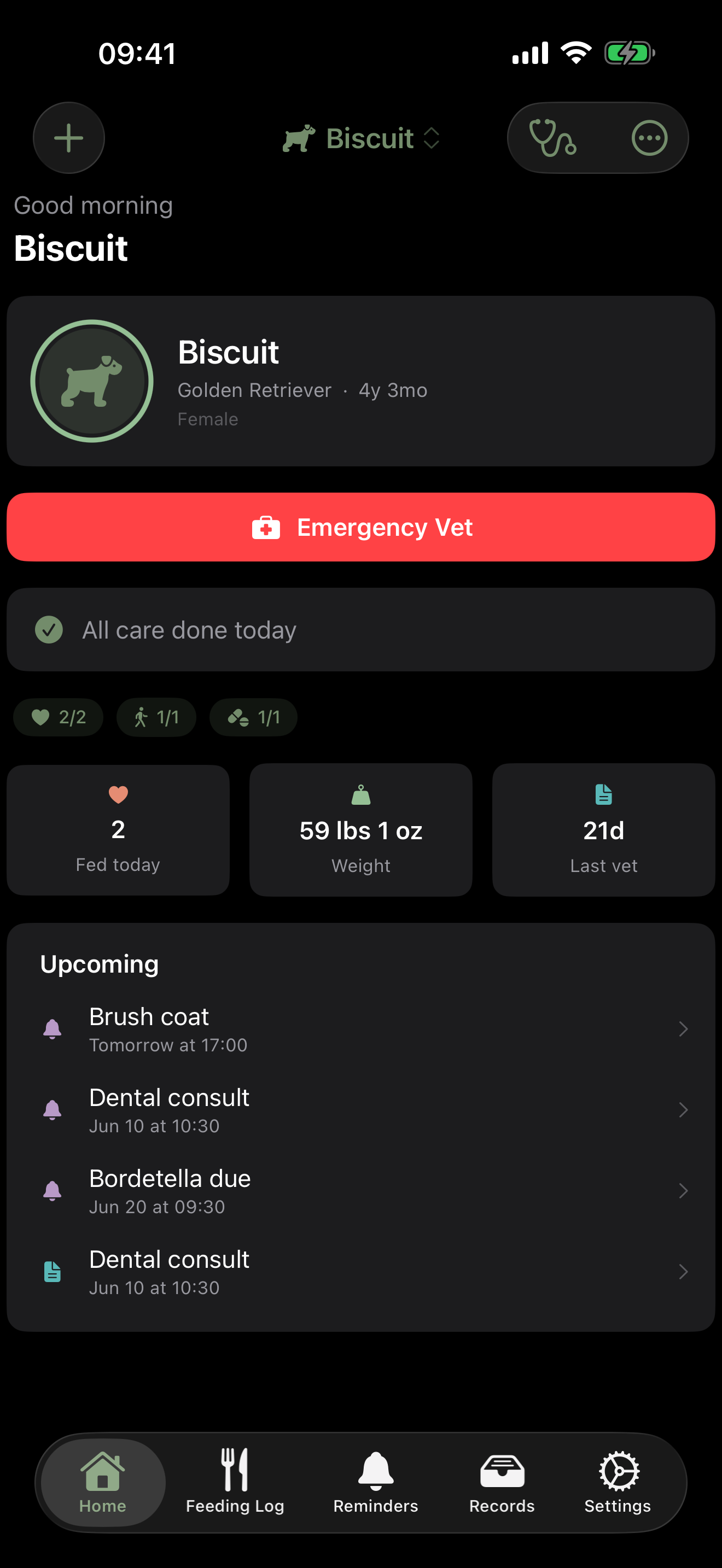 EveryPaw home screen with Care Today and pet care overview