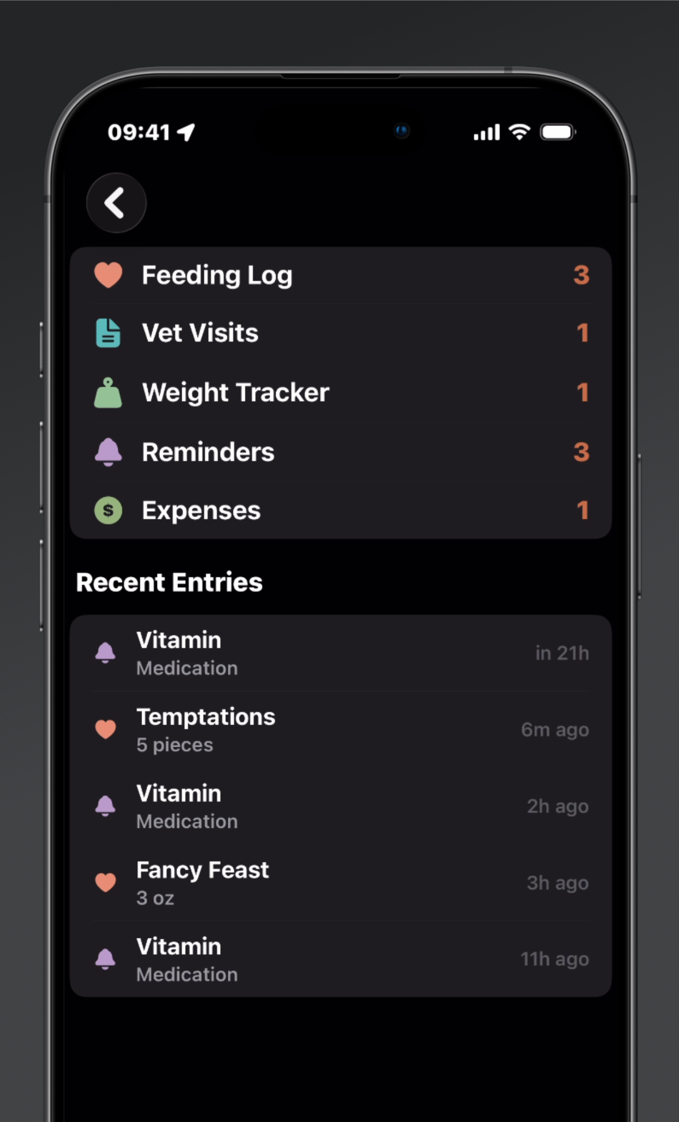 Journal view showing feeding log, vet visits, weight tracker, and recent entries