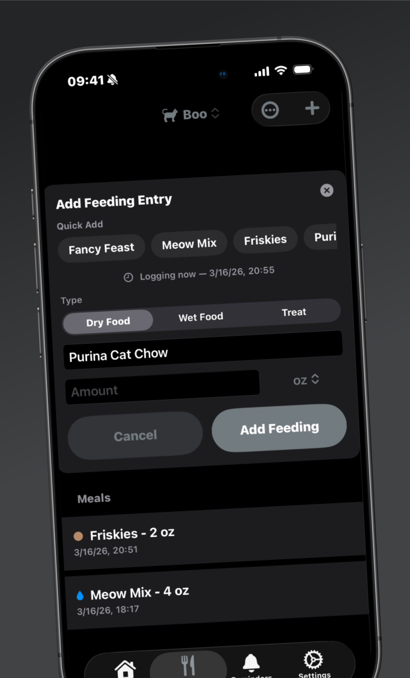 Add Feeding Entry sheet with brand suggestion chips and food type toggle