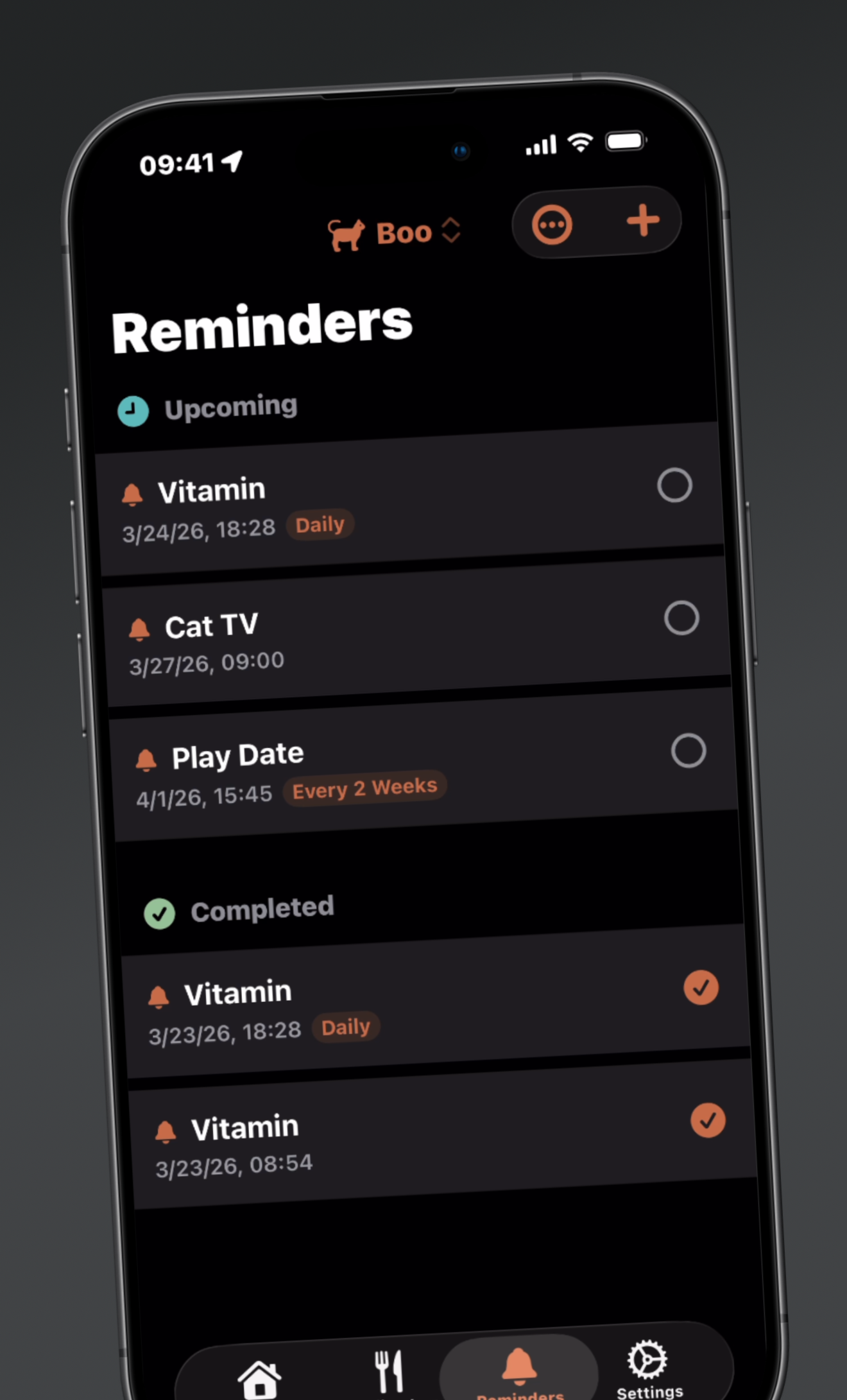 Reminders list showing upcoming and completed items with recurrence badges