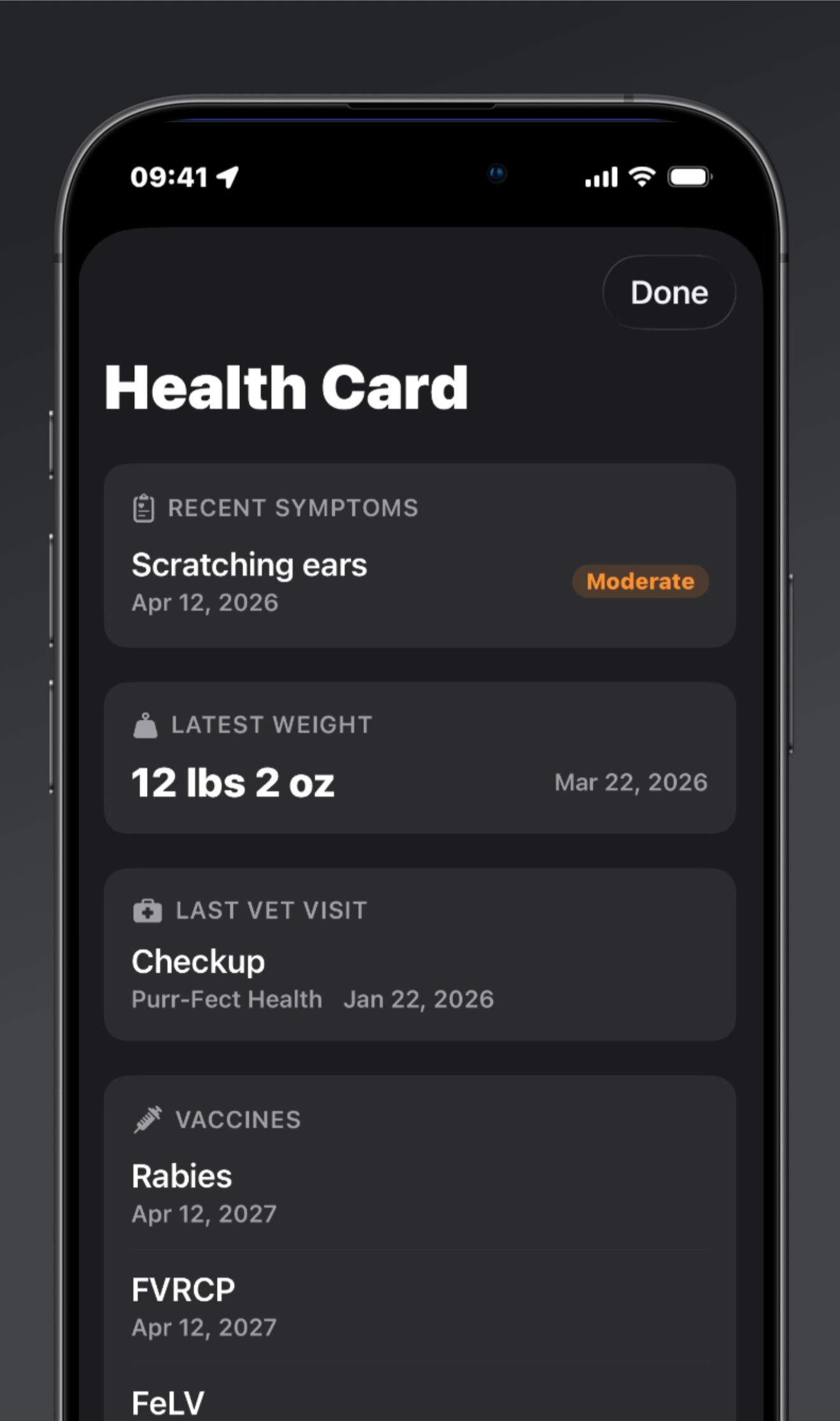 Health Card showing symptoms, weight, vet visit, and vaccination records