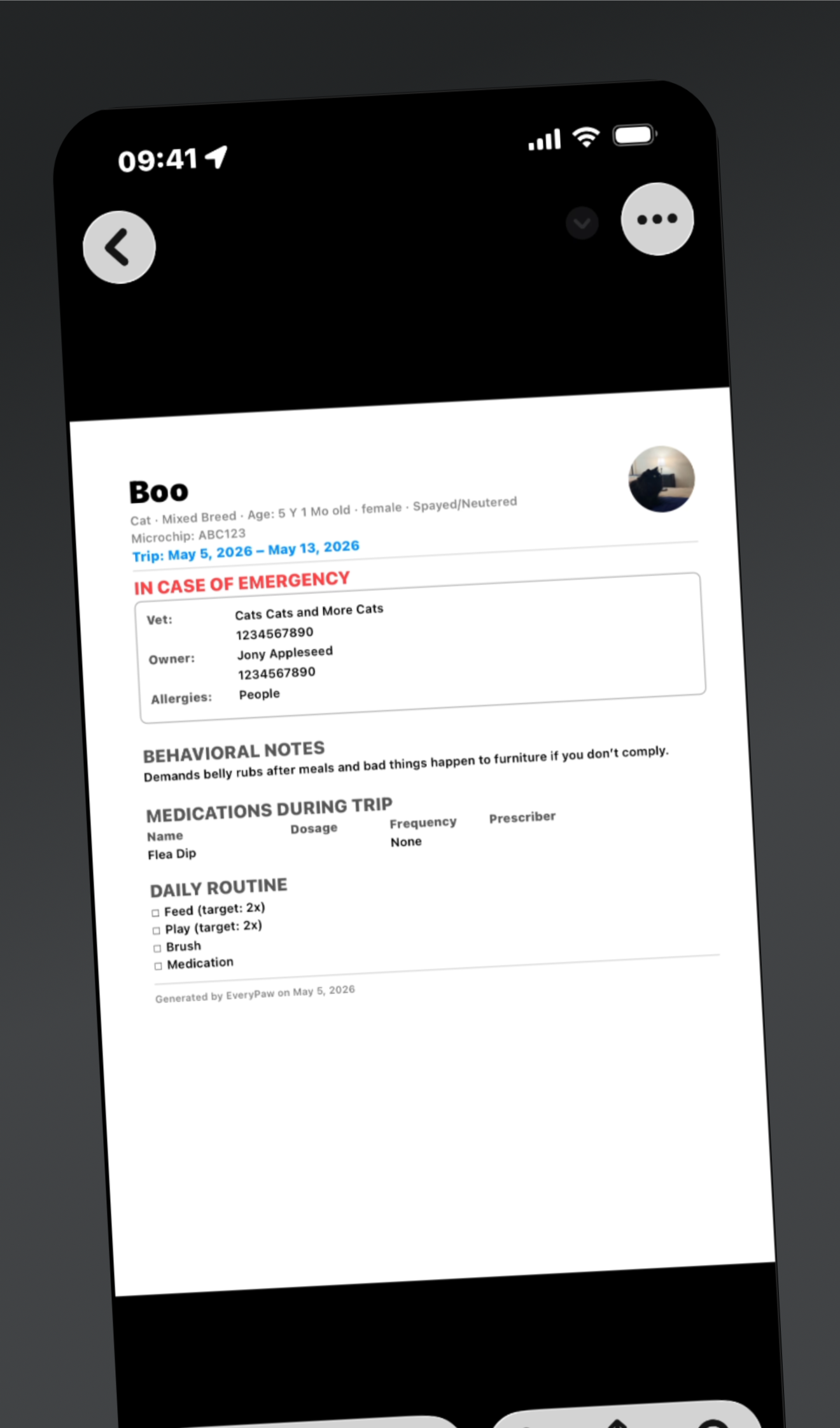 Sitter Handoff PDF showing emergency contacts, medications, and daily routine