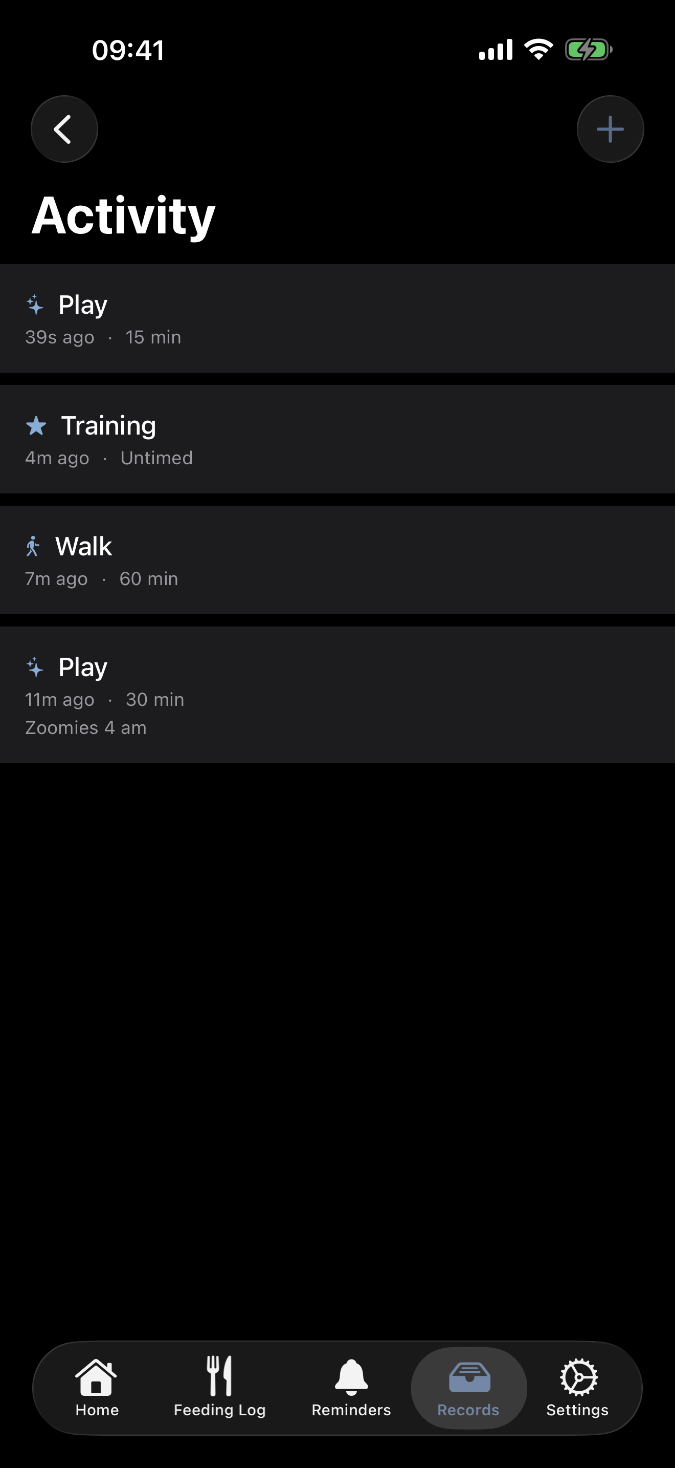 Activity list showing Play, Training, and Walk entries with durations and a note