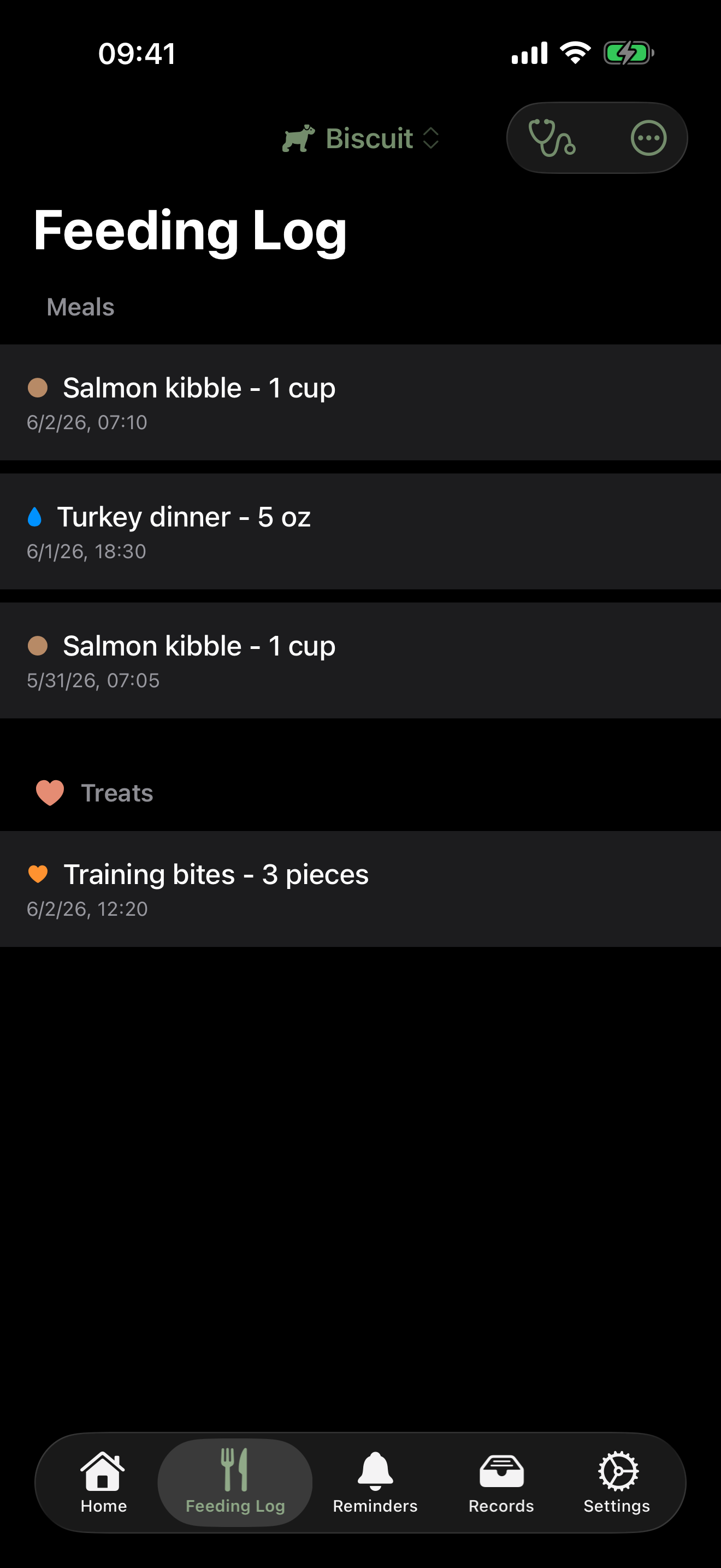 Feeding Log showing meals and treats with portions and timestamps