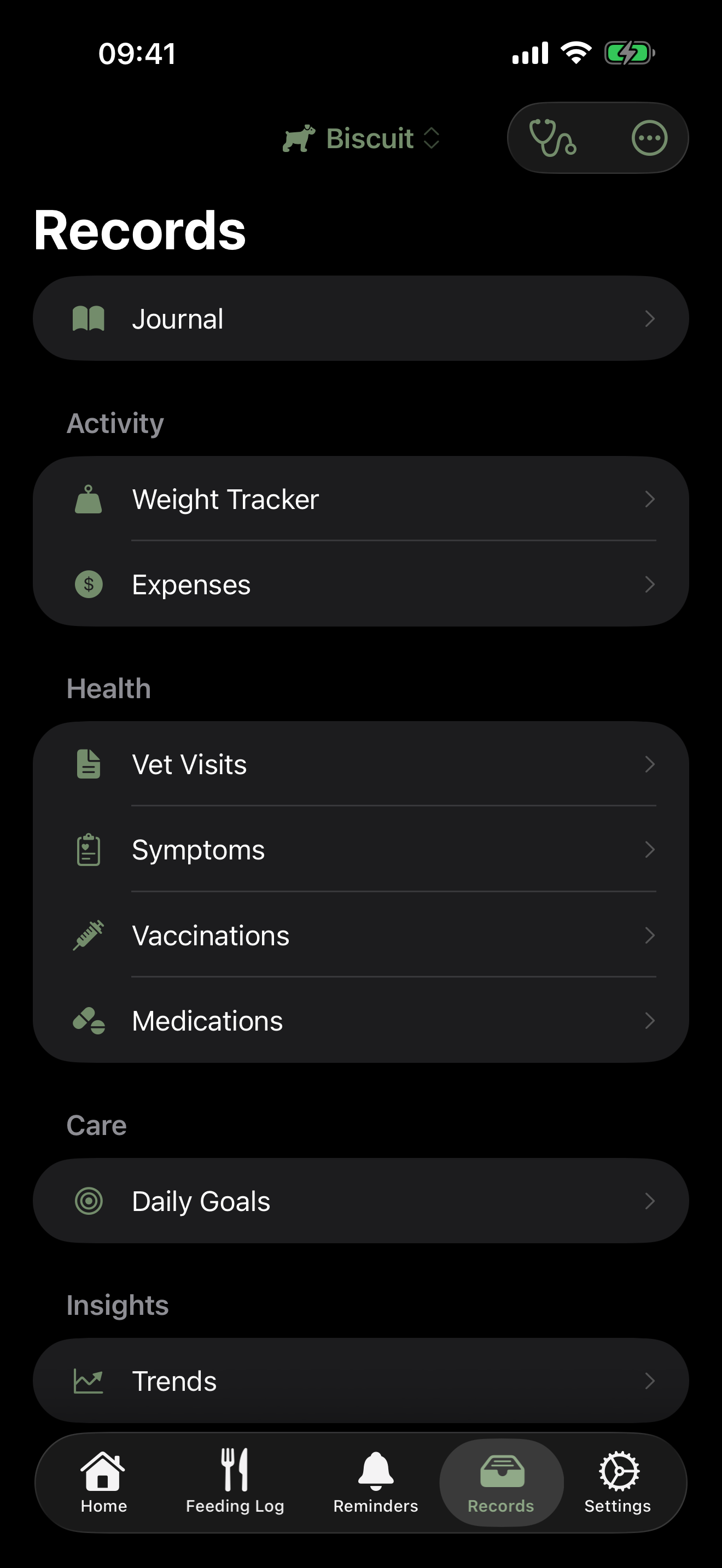 Records tab with Journal at the top and grouped Activity, Health, Care, and Insights sections