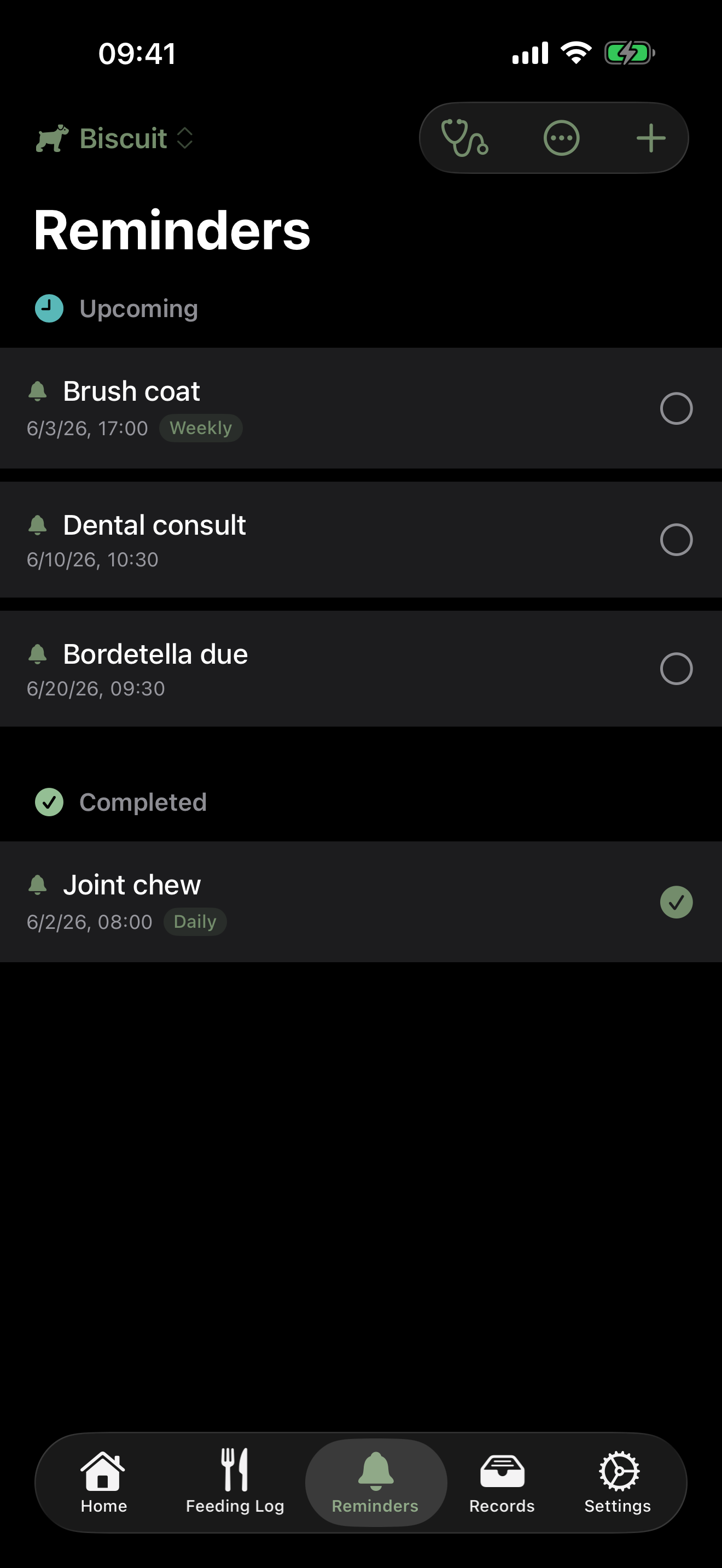 Reminders list showing upcoming and completed items with Weekly and Daily recurrence badges