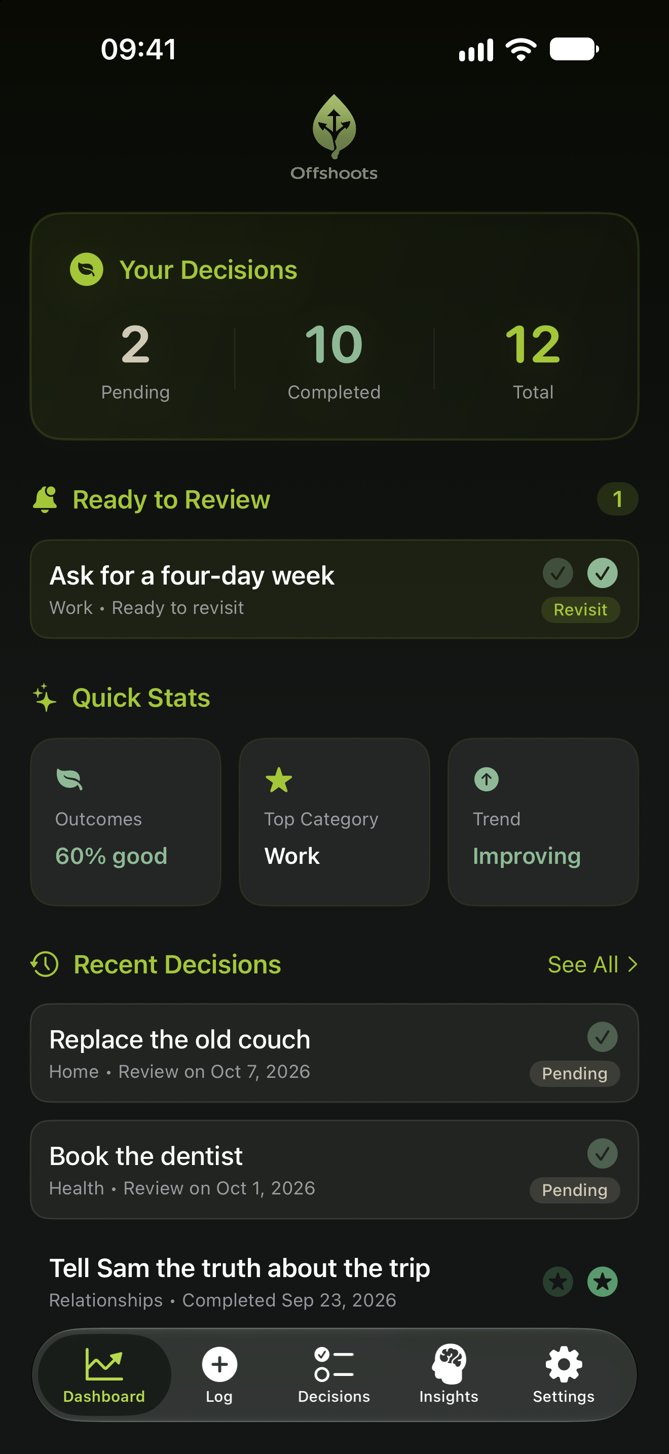 Offshoots Dashboard with decision counts, a decision ready to review, quick stats, and recent decisions