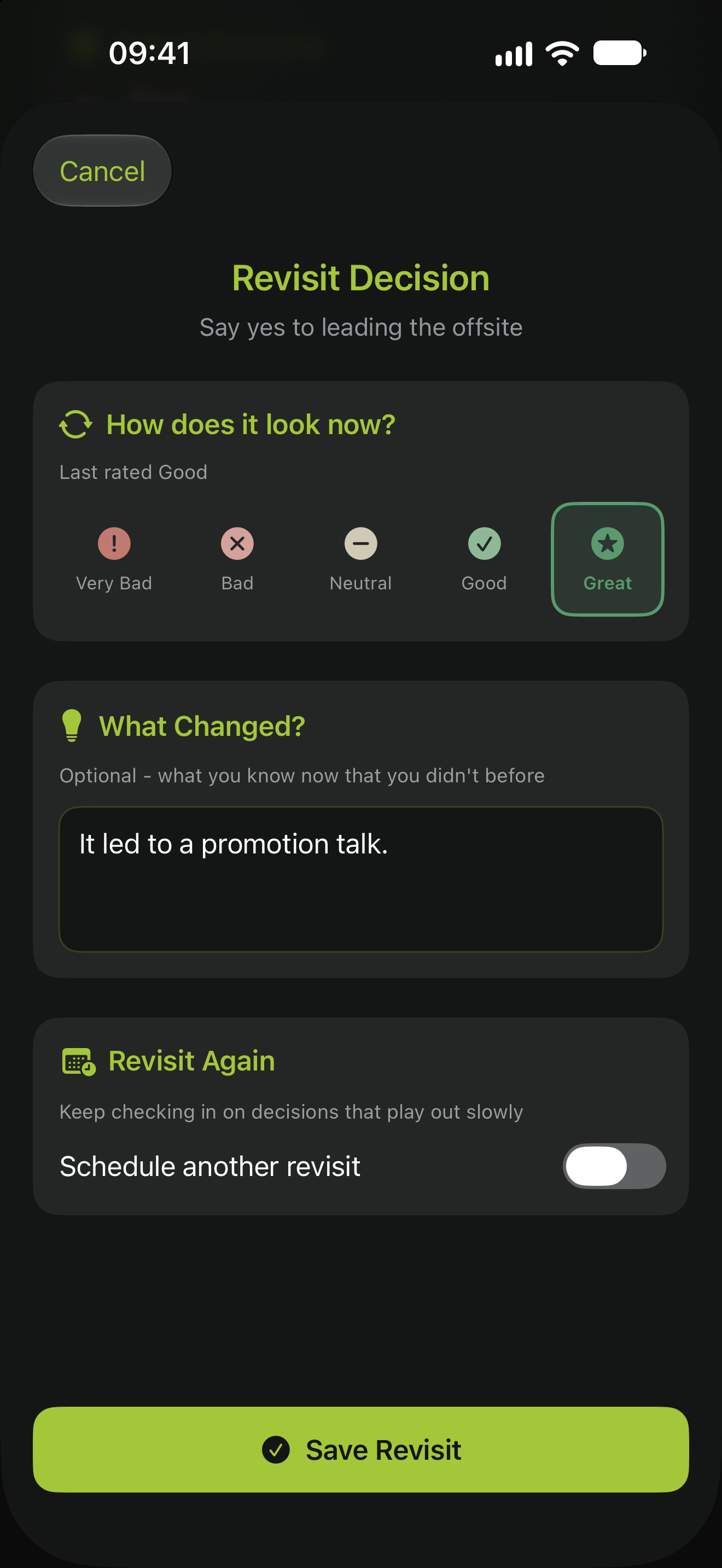 Revisit Decision sheet with a new rating, a note on what changed, and an option to schedule another revisit