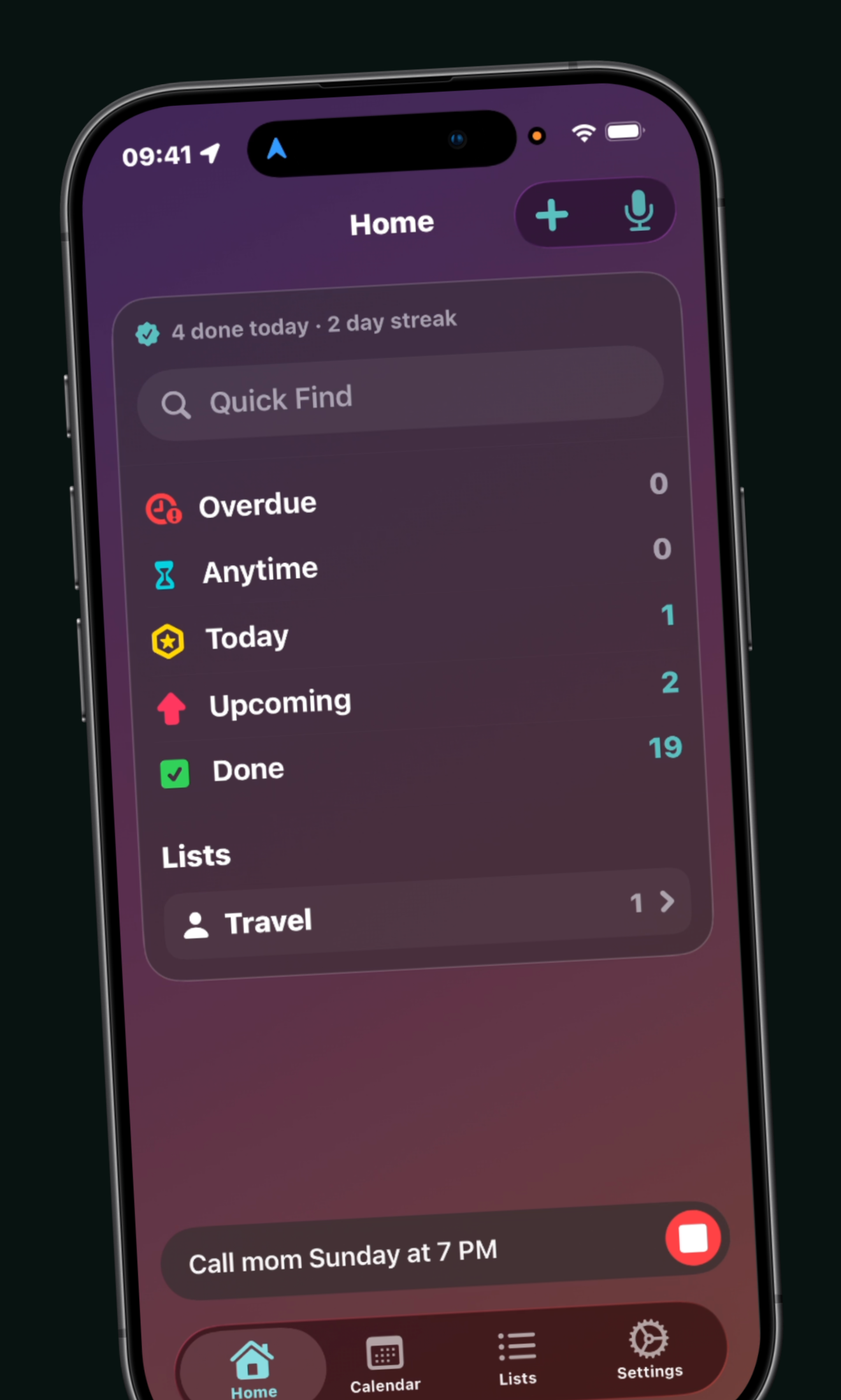 Task(ed) Home screen with mic button
