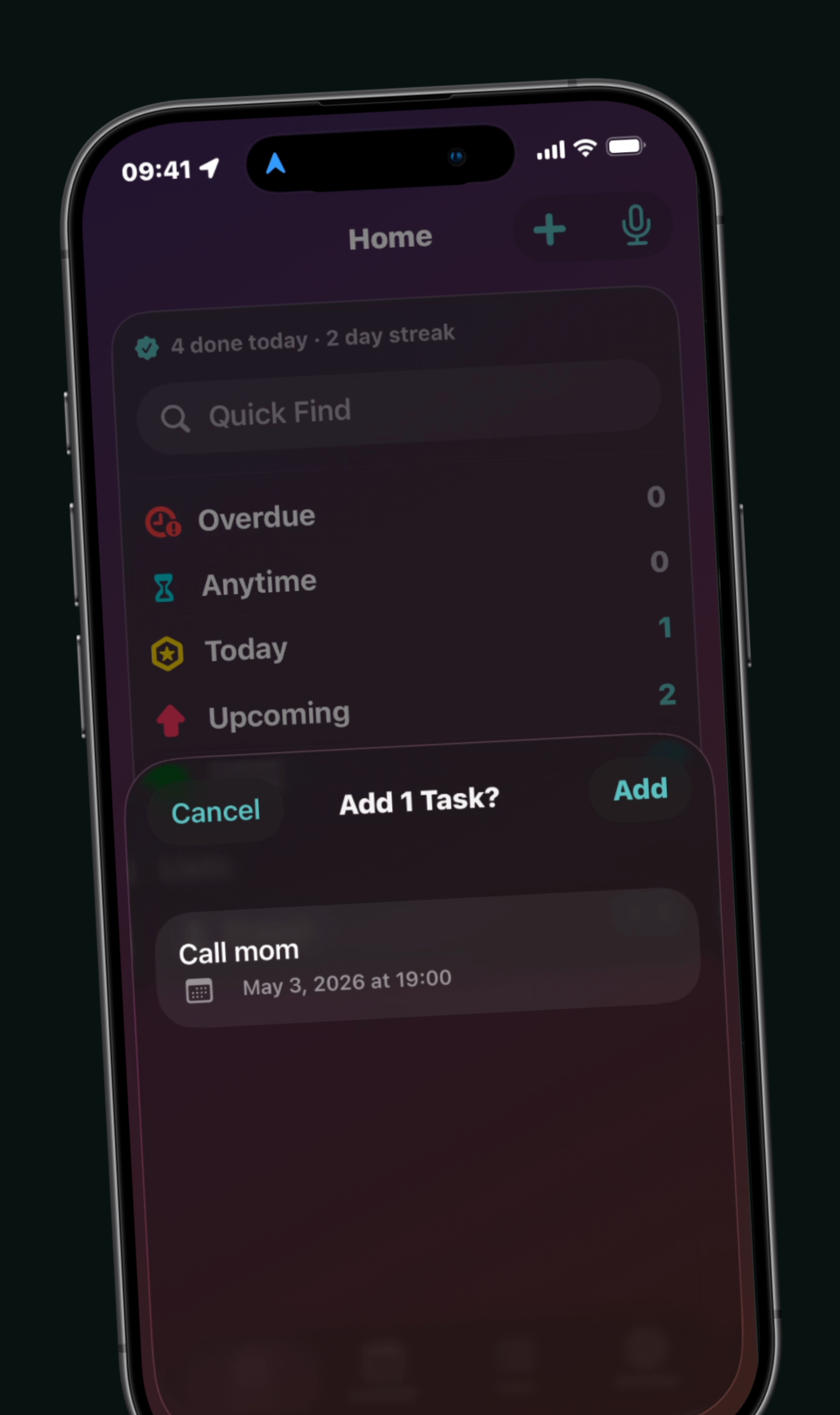 Talk-to-Task confirmation showing parsed task