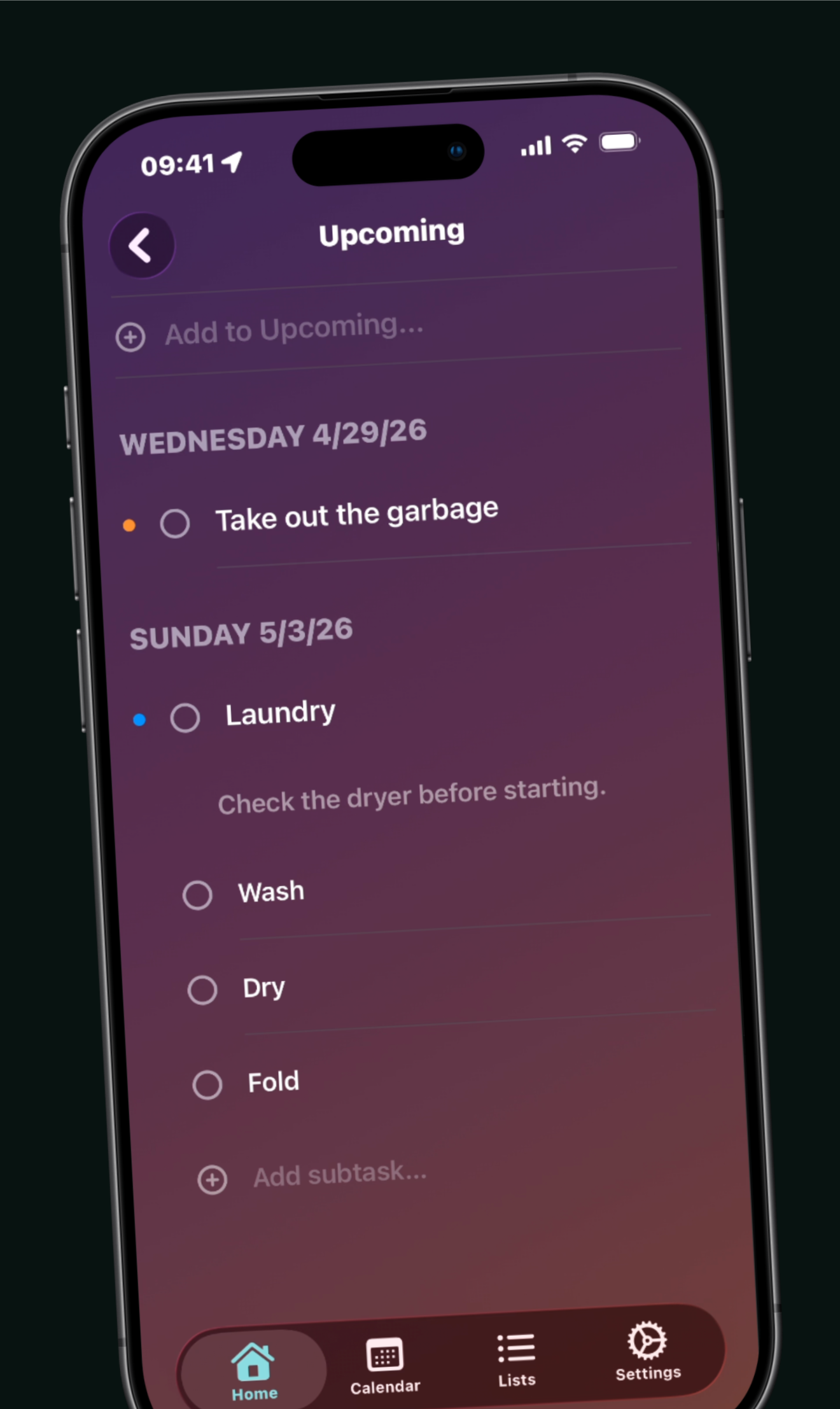 Upcoming view with expandable subtasks
