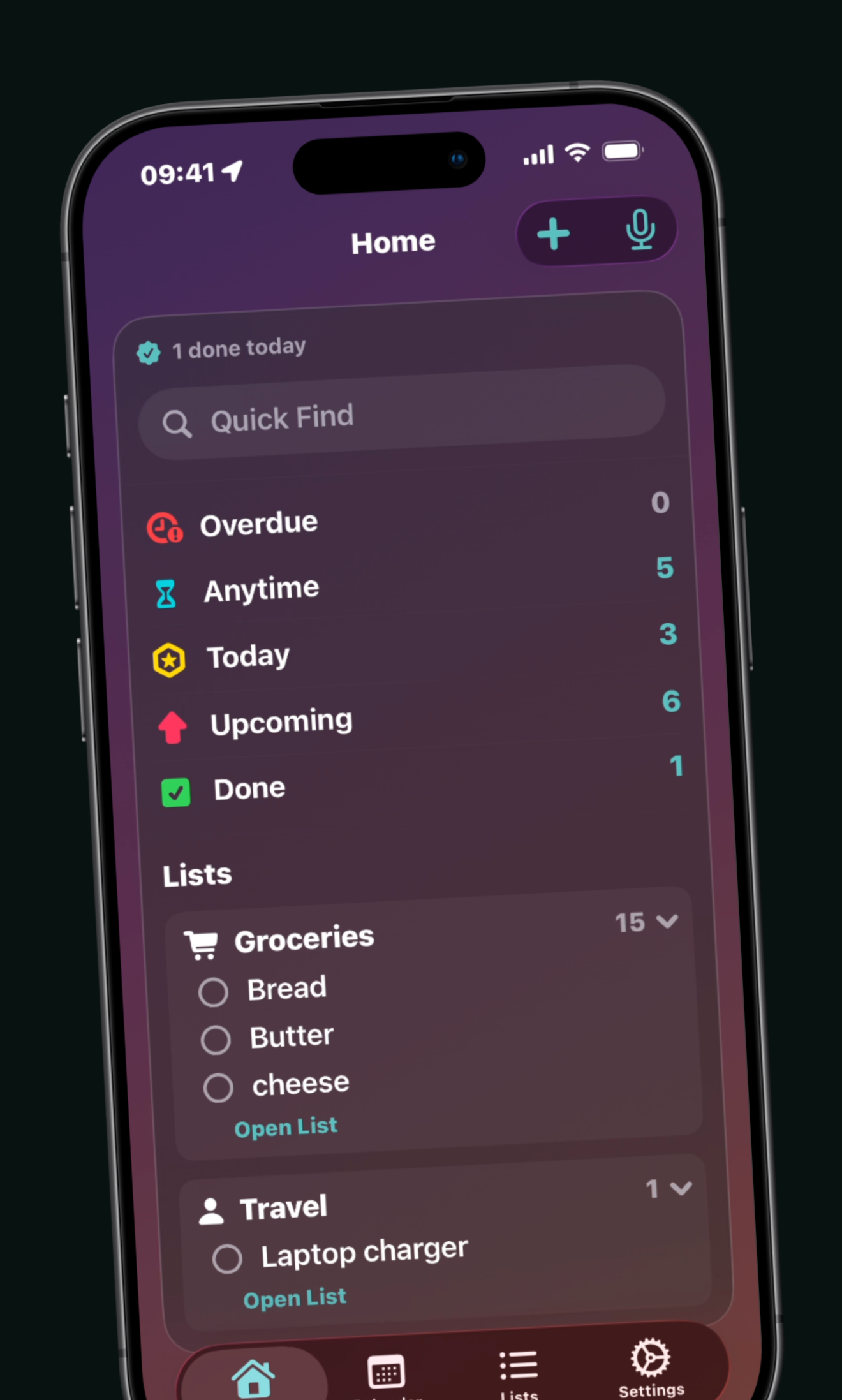 Task(ed) Home screen showing Groceries and Travel lists