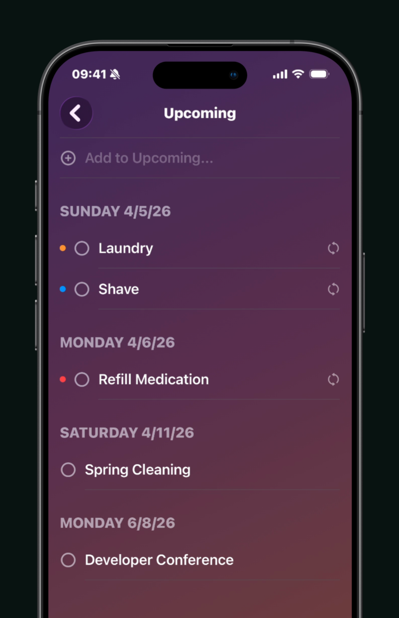 Upcoming view with dates, priority dots, and recurrence icons