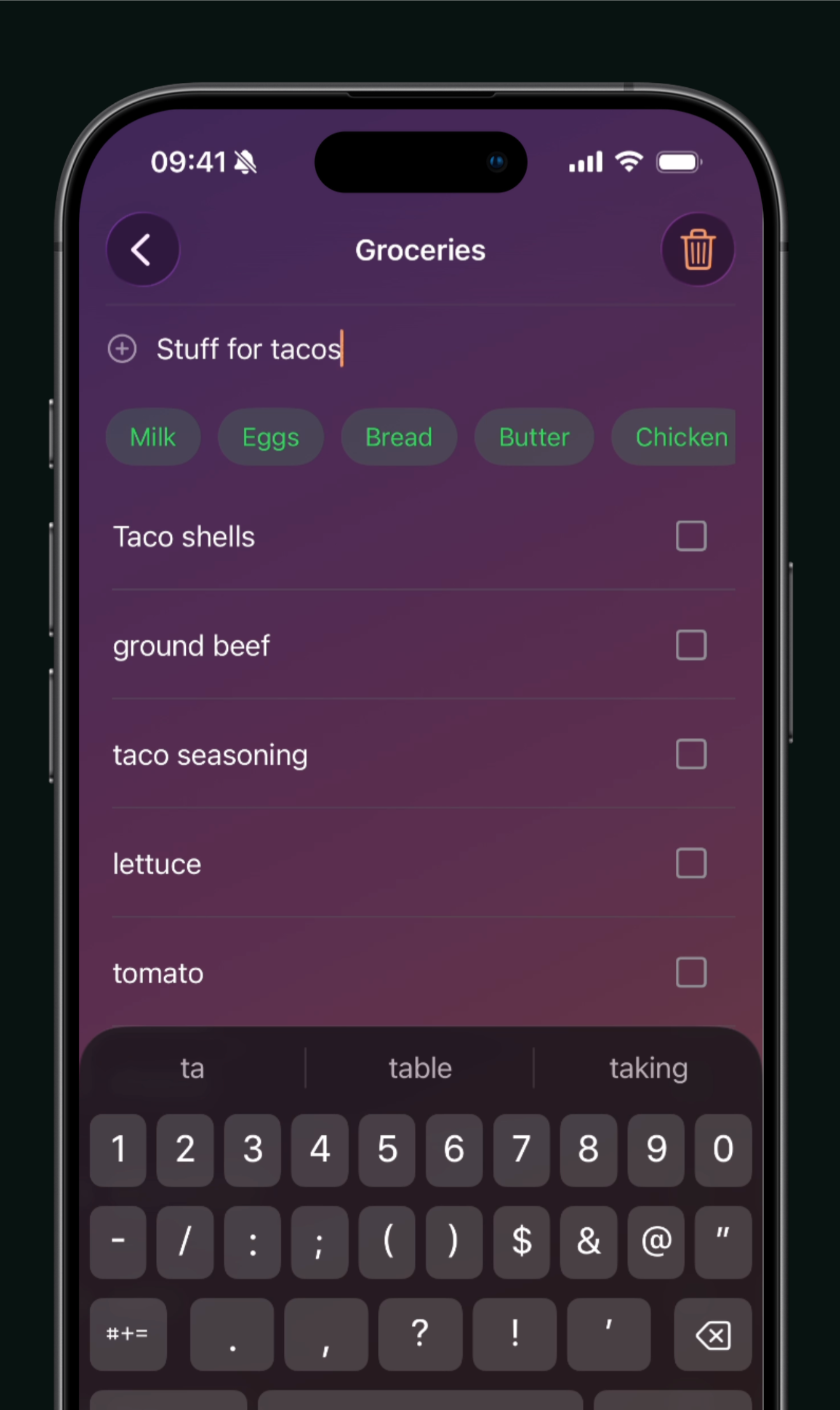 Groceries list with natural language input and suggestion chips