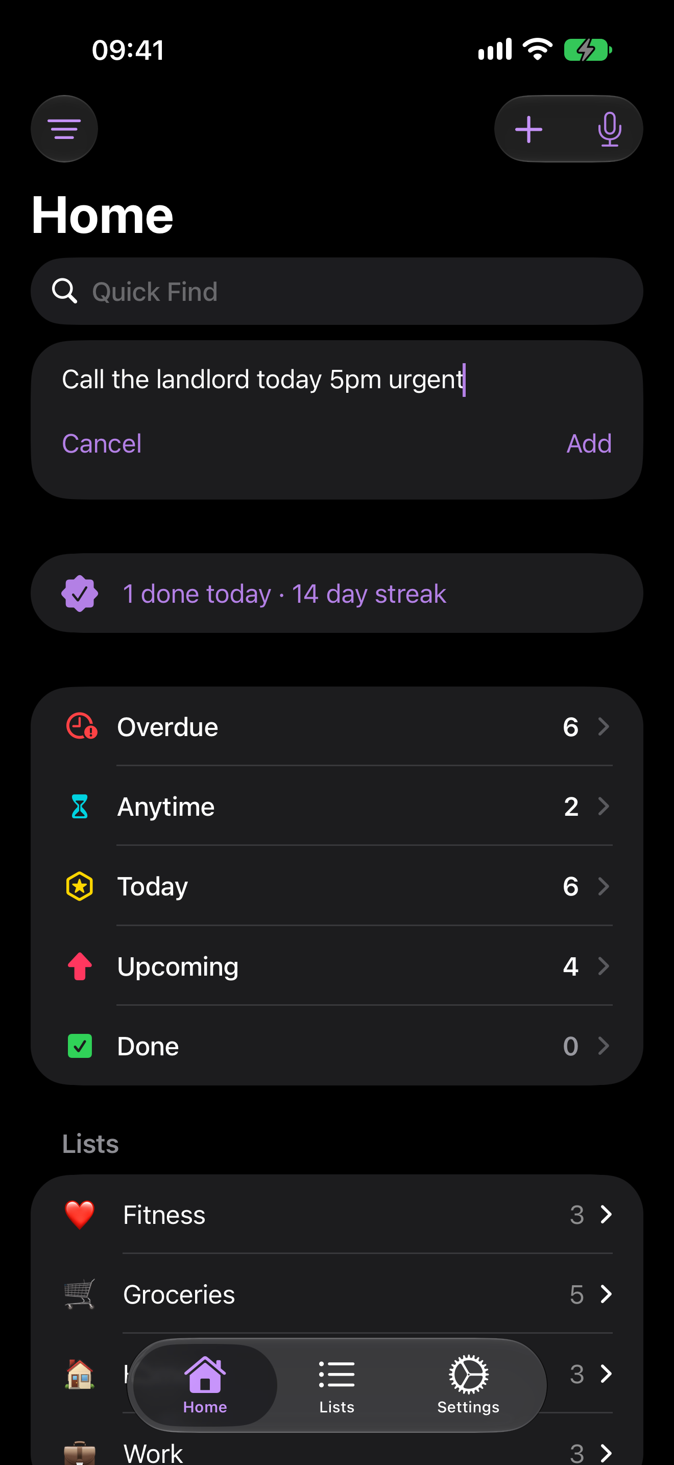 Task(ed) Home screen with a task typed in plain language, Quick Find, task sections, and color-coded lists