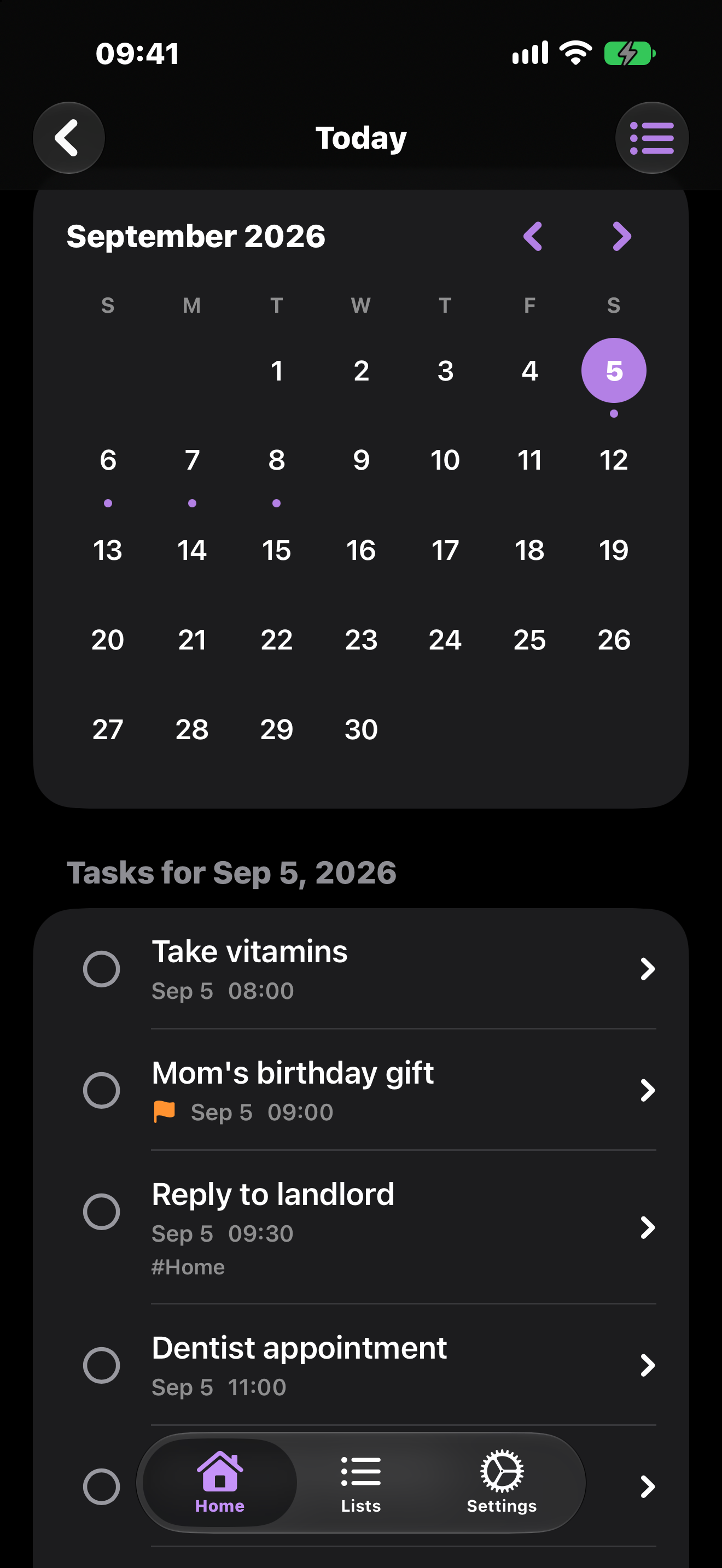 Task(ed) Calendar screen showing September 2026 and scheduled tasks for September 5