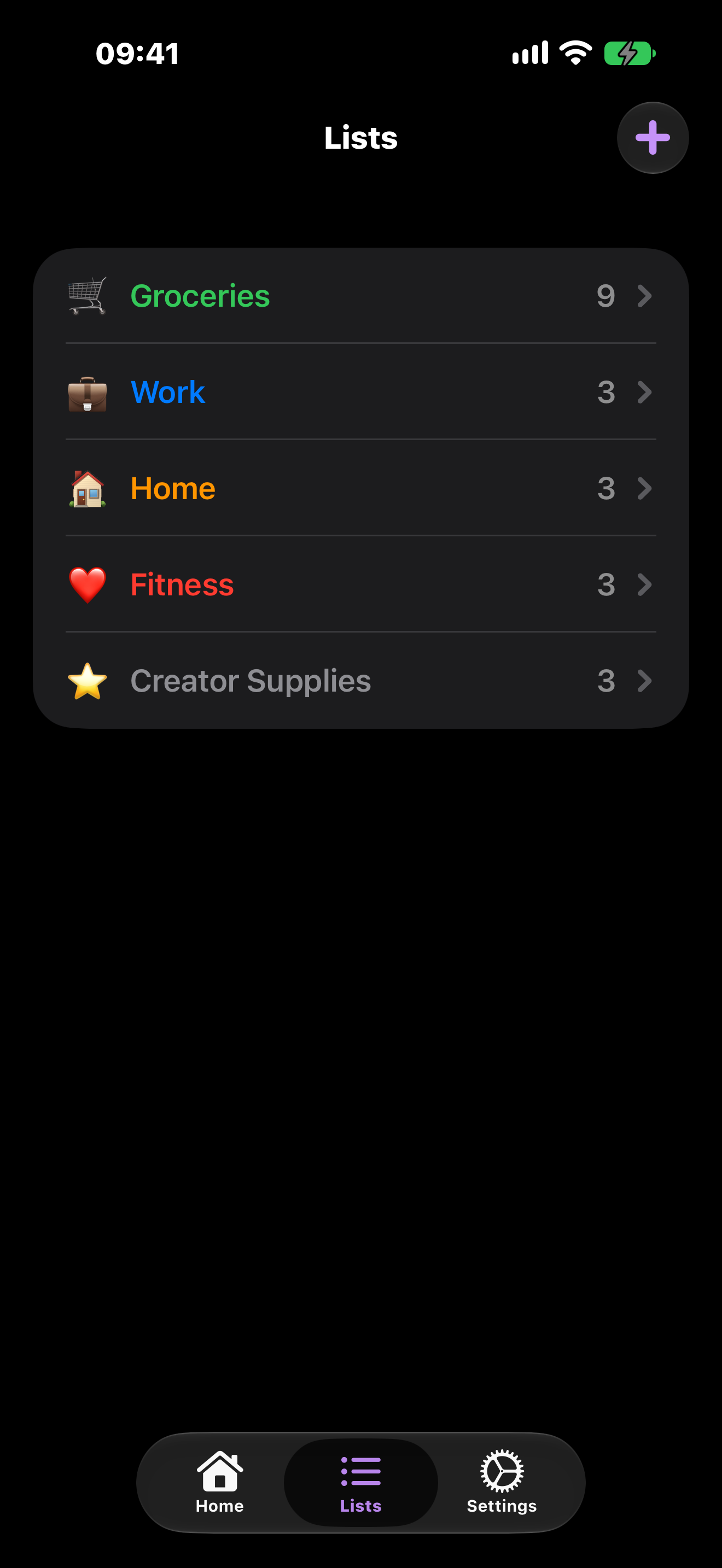Task(ed) Lists screen showing five color-coded task lists