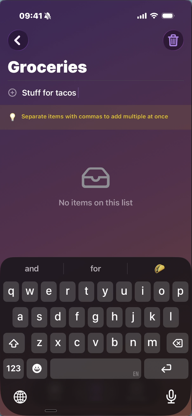 List page prompting to separate items with commas to add multiple at once