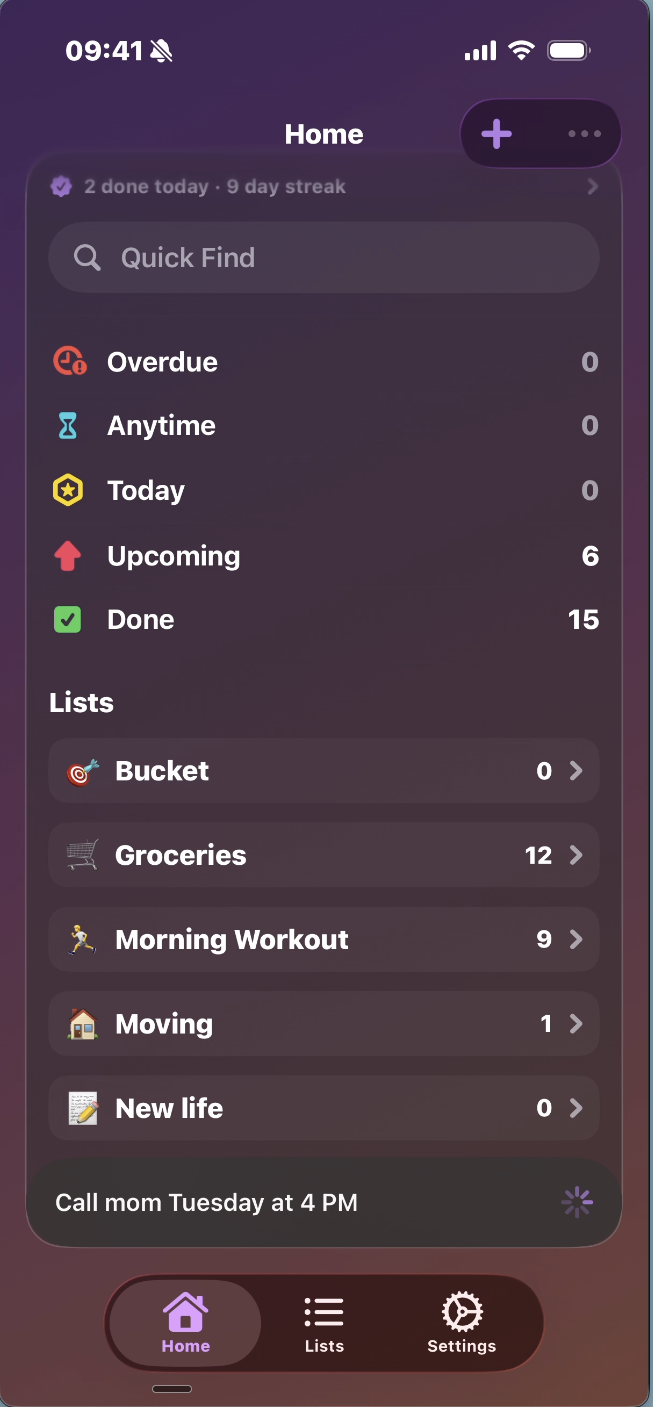 Home screen with Overdue, Anytime, Today, Upcoming, and Done sections above custom lists