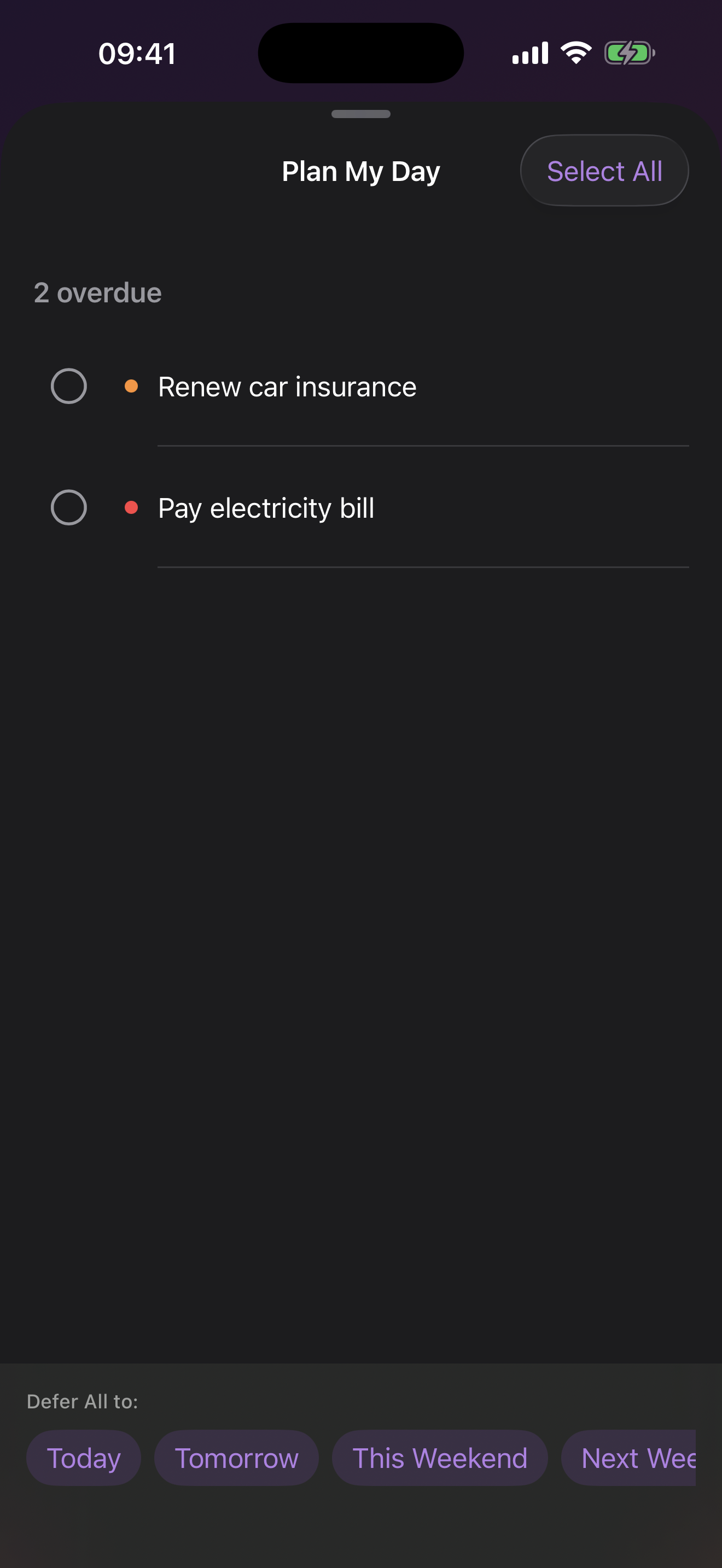 Plan My Day sheet with overdue tasks selected and Defer All options at the bottom