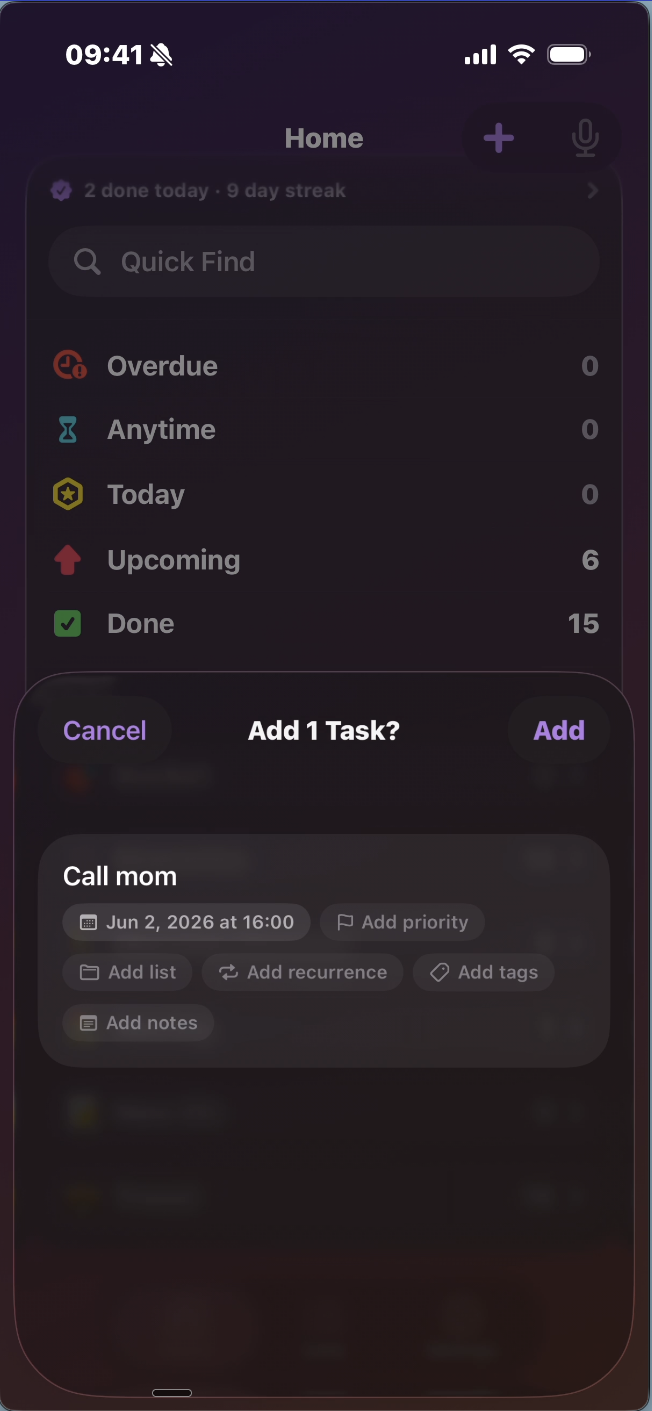 Task(ed) spoken task confirmation for Call mom, parsed for June 2, 2026 at 16:00