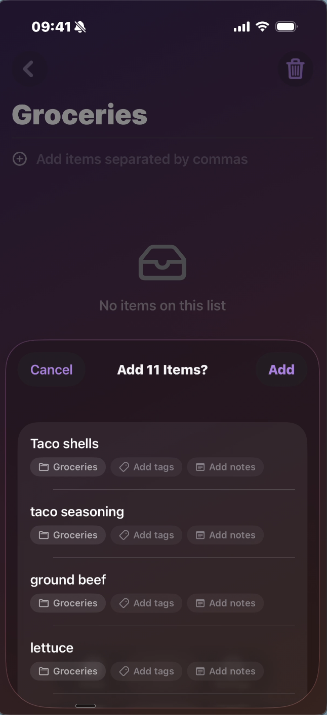 Confirmation card adding eleven grocery items to a list at once