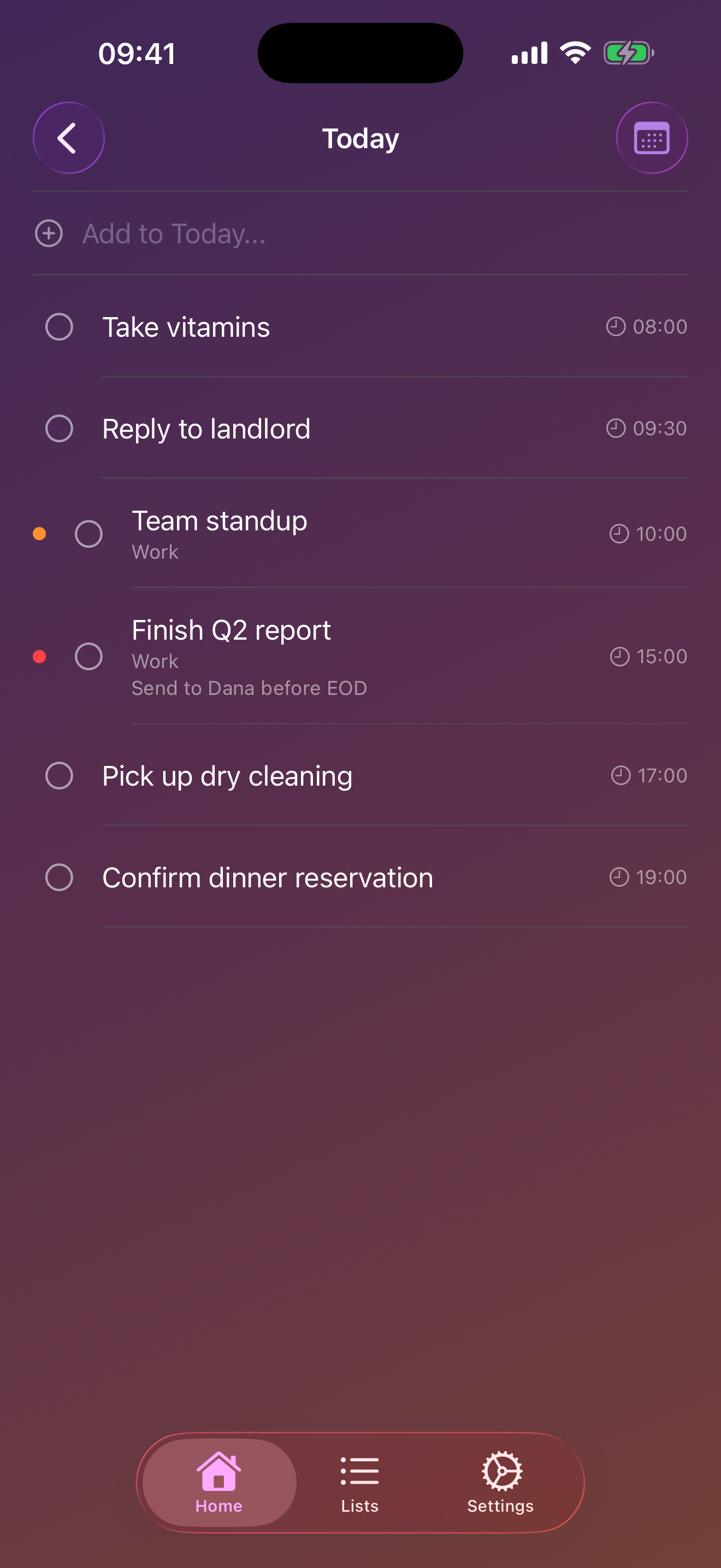 Task(ed) Today list with six scheduled tasks, including work priorities, notes, and times