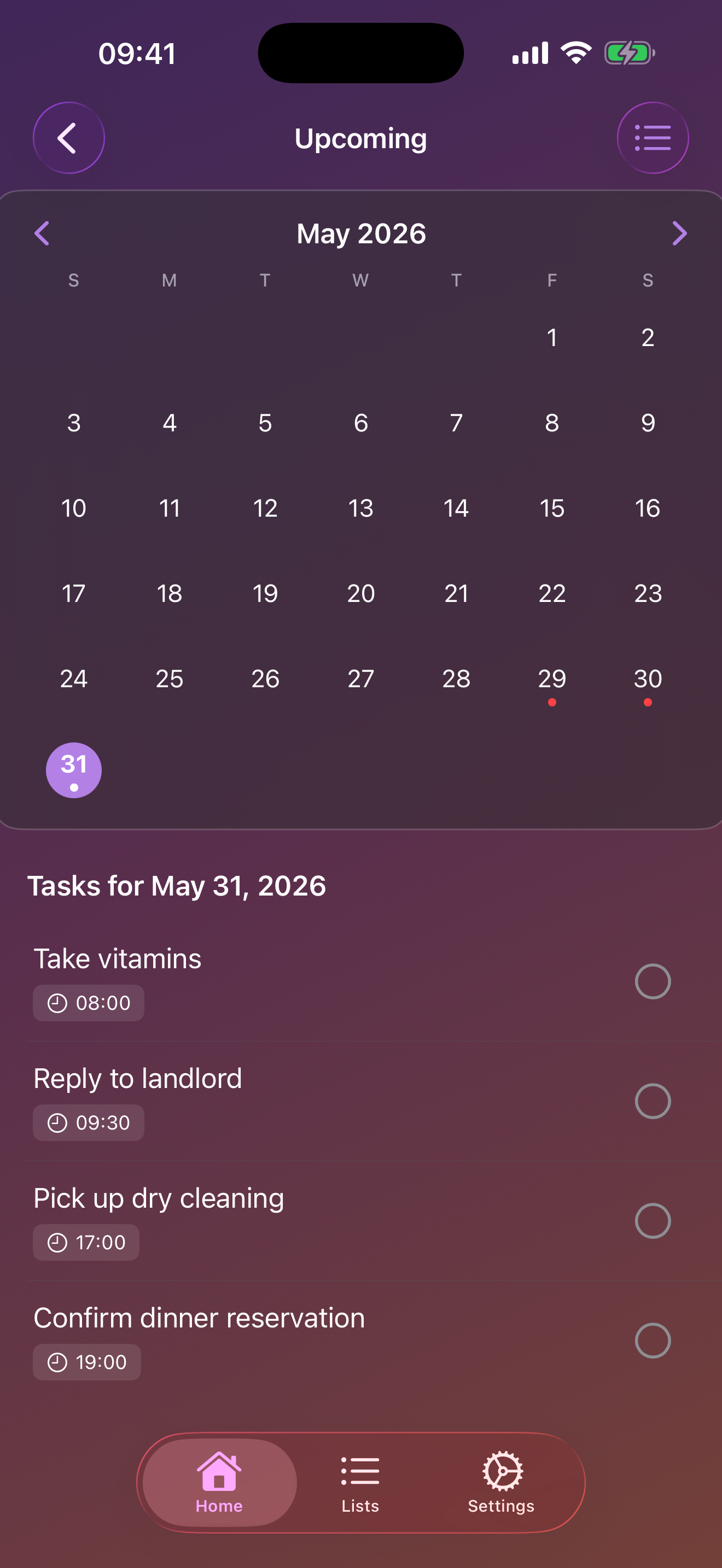 Month calendar with task dots and the selected day's task list below