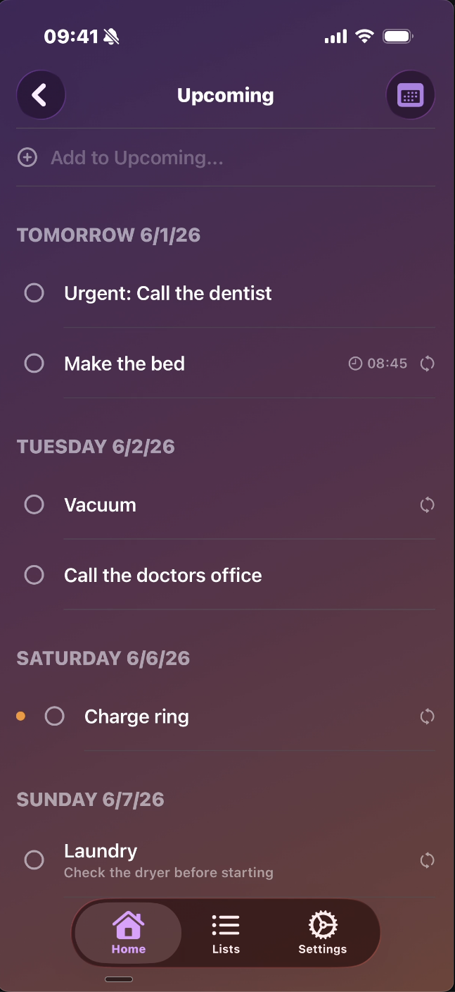 Upcoming view with tasks grouped under Tomorrow, Tuesday, Saturday, and Sunday